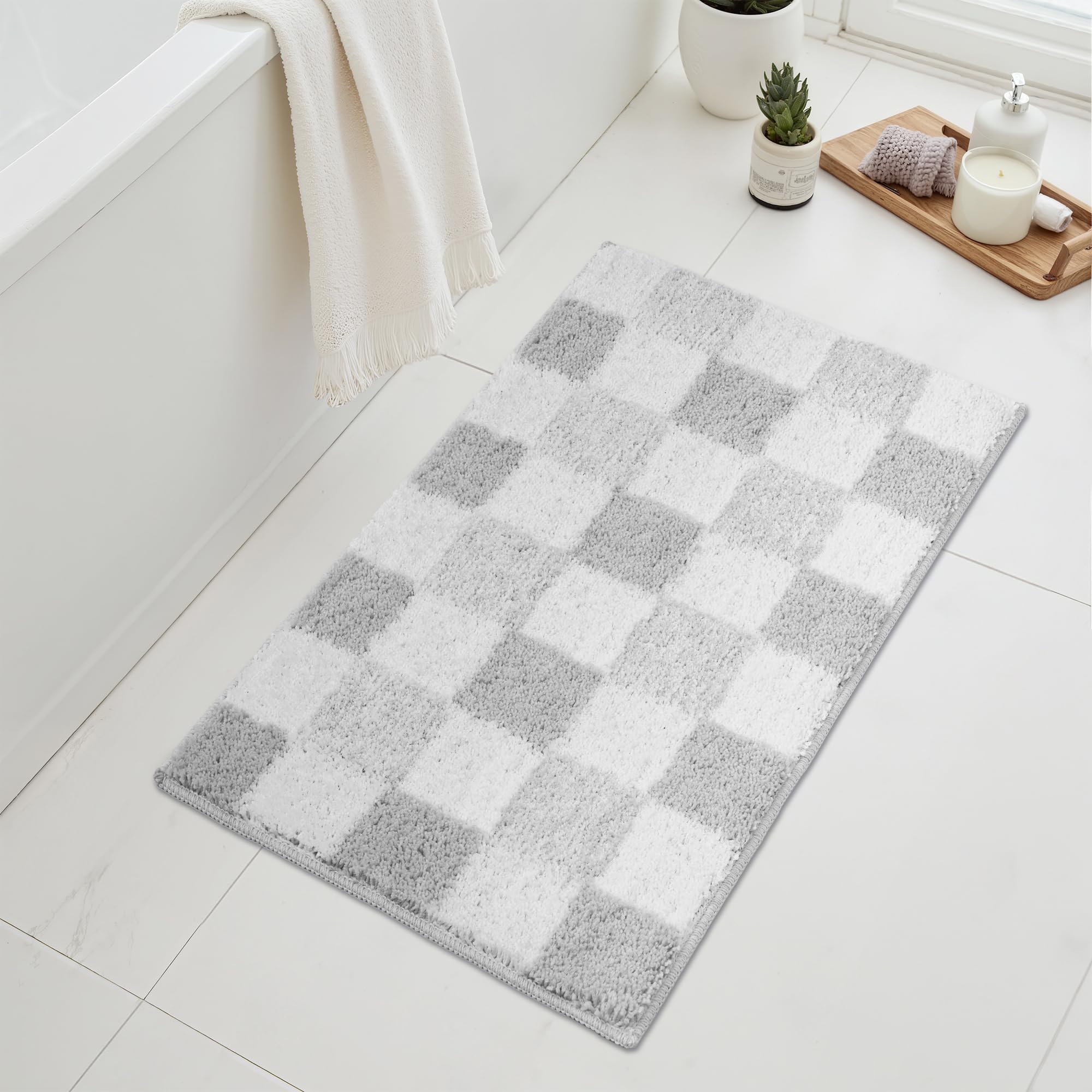 Checkered Bathroom Rugs, Fluffy Rug, Absorbent Microfiber Ultra Soft Bath Mat Washable, Non-Slip Bath Mats for Bathroom, Cute Floor Mat