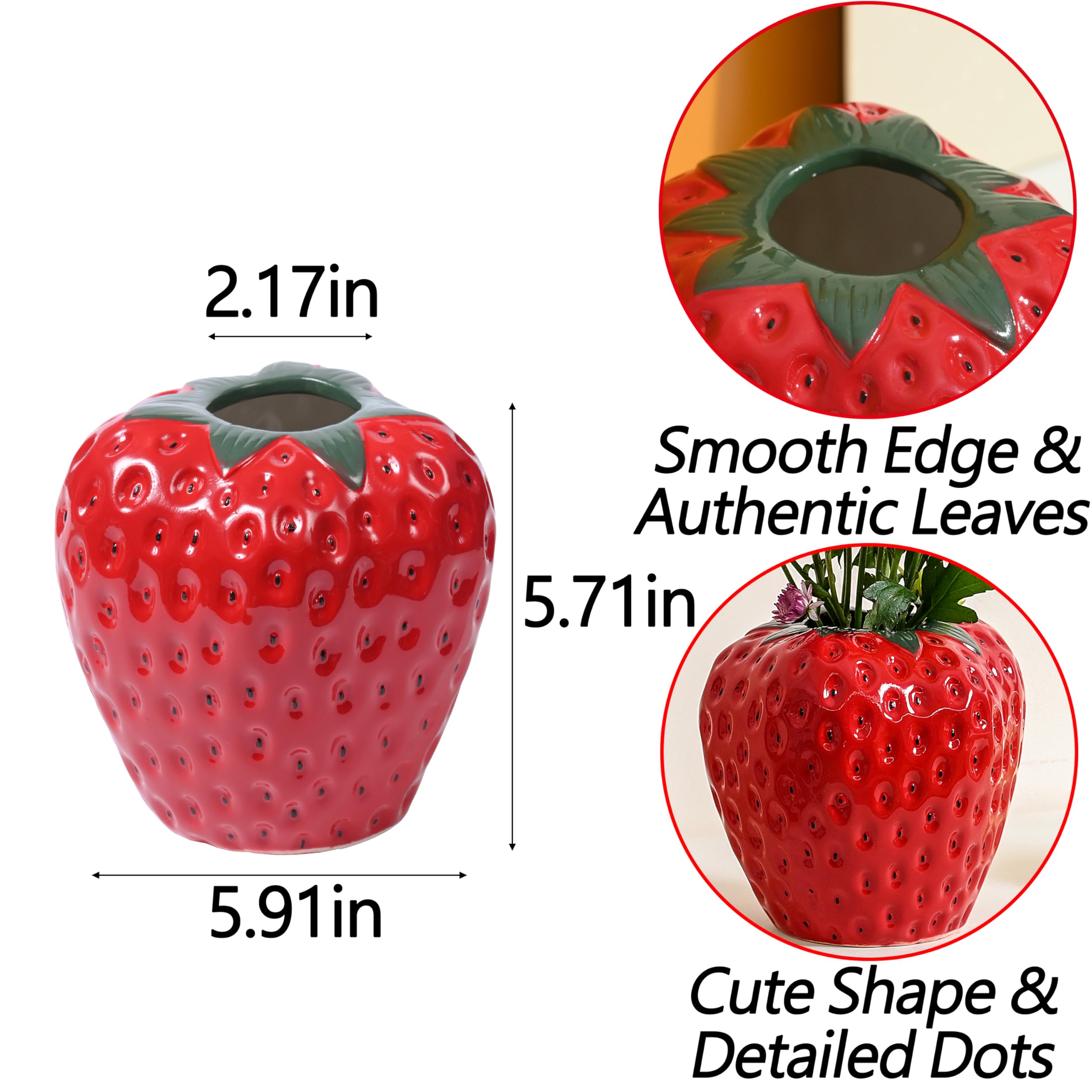 Strawberry Vase for Flowers, Dusty Pink Ceramic Fruit Vase, Strawberry Shaped Planter Pot with Green Leaves and Black Seeds Decor