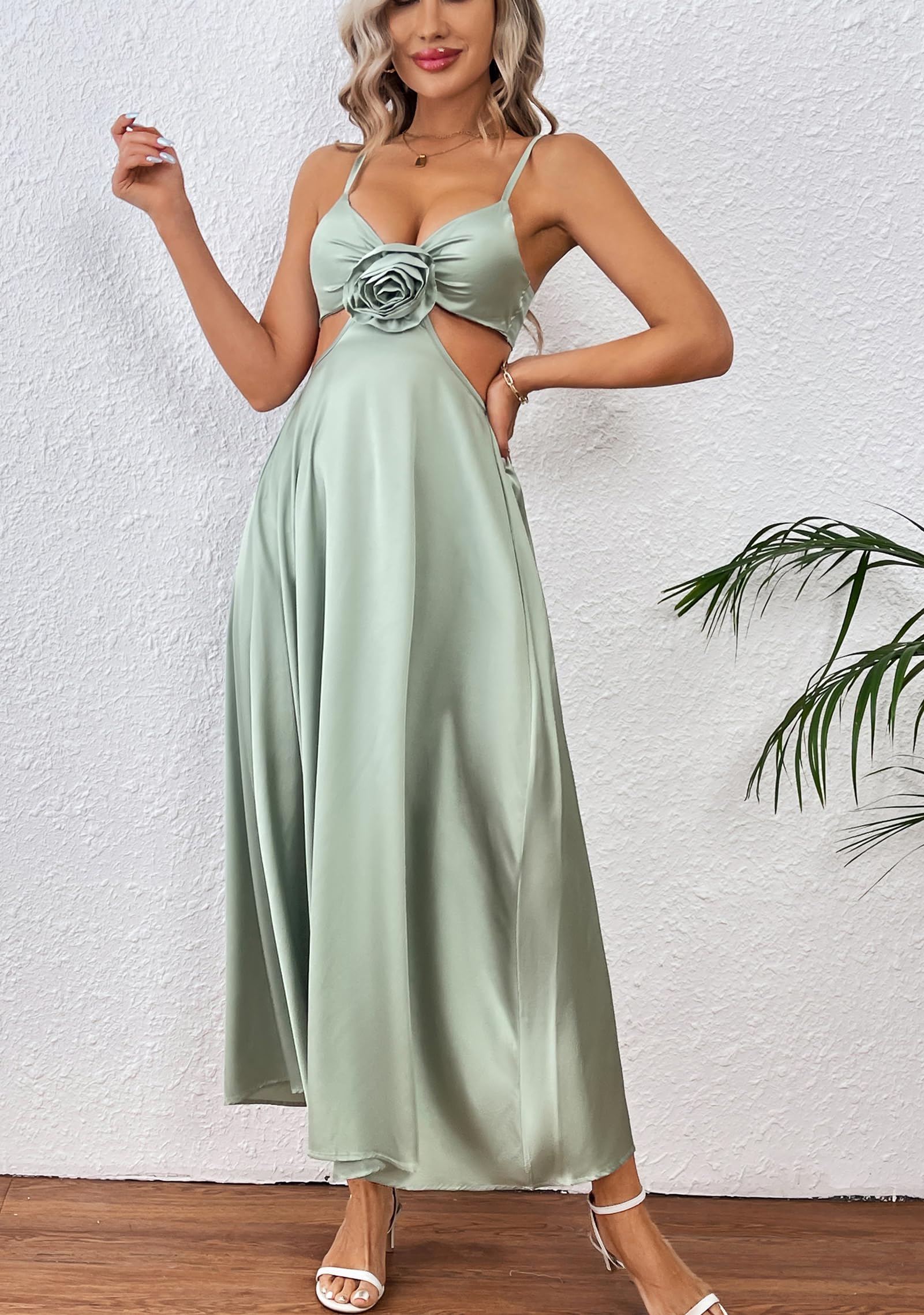 Women Satin Slip Padded Long Dress V Neck Adjustable Straps Backless Party Casual Dress 3D Flower Sundress