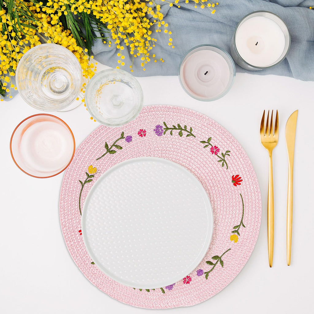 Whaline 4Pcs Round Placemats Pink Bow Embroidered Place Mats Coquette Bow Dinner Table Mats for Home Wedding Baby Shower Birthday Party Decor