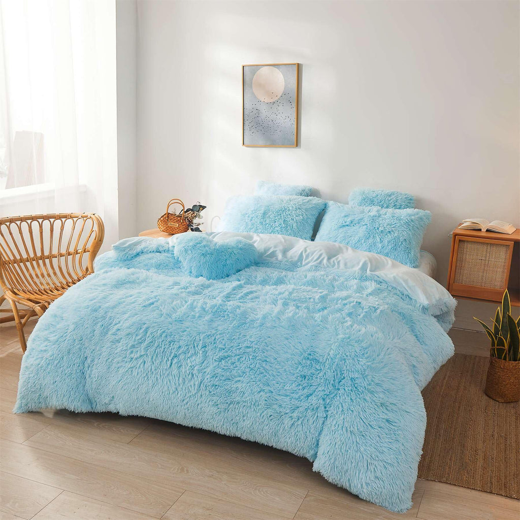 Fluffy Faux Fur Comforter Cover Set Queen - Ultra Soft Plush Bedding Sets 3 Pieces (1 Fluffy Duvet Cover + 2 Faux Fur Pillow case) Cute Bed Set