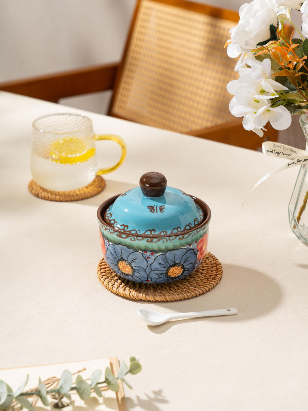 Handmade Sugar Bowl with Lid and Spoon, 10 Ounce Ceramic Hand-Painted Sugar Jar for Kitchen Oven, Dishwasher & Microwave Safe, Glazed