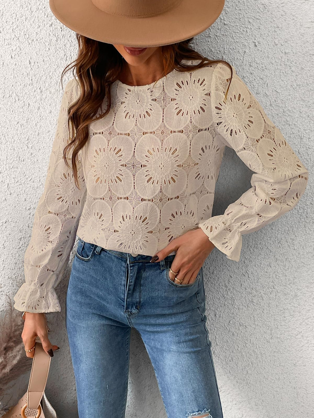 Women Eyelet Long Sleeve - Dressy Hollow Out Crochet Lace Embroidered Blouse