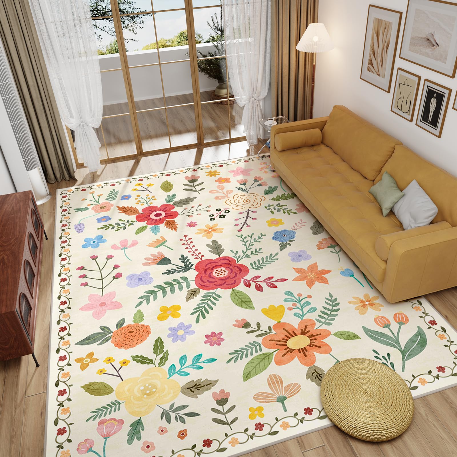 Washable Floral Rugs with Non Slip Backing, Stain Resistant, Floral Soft Low-Pile