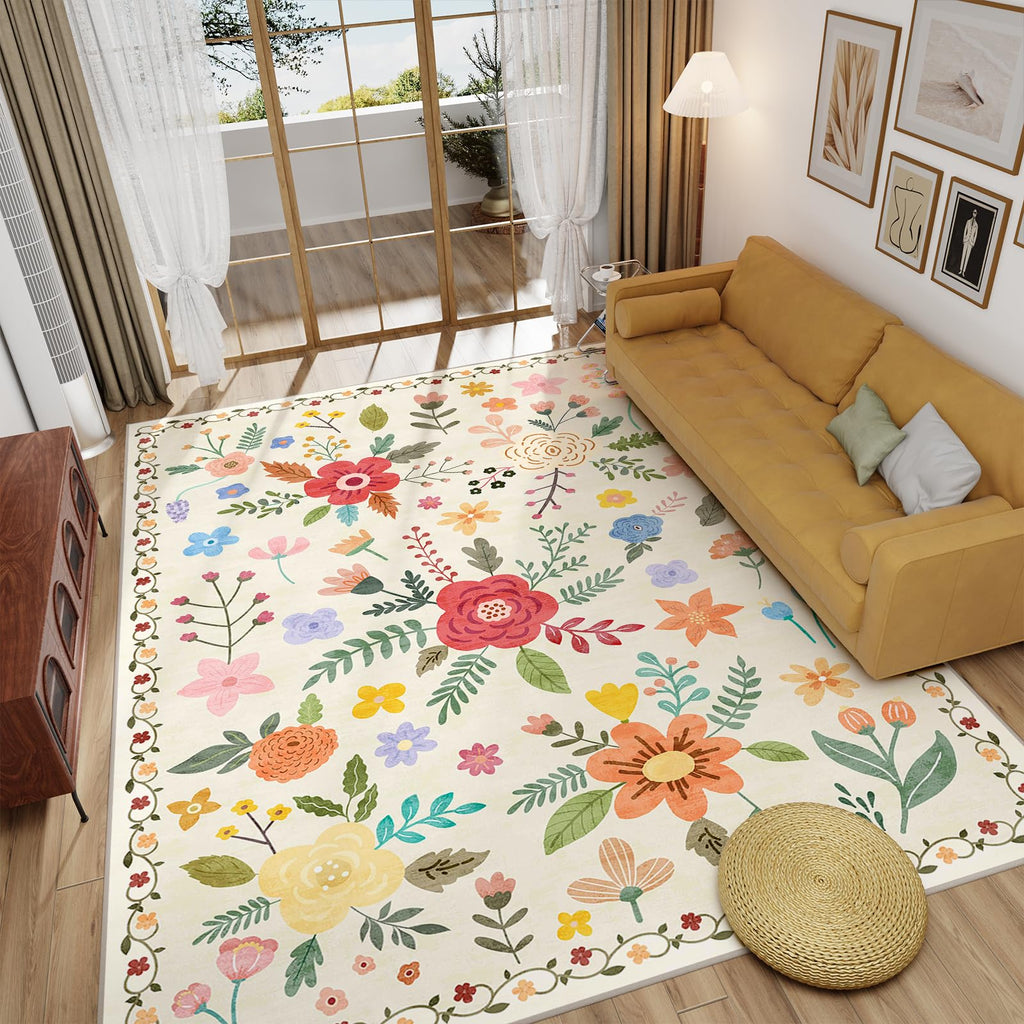 Washable Floral Rugs with Non Slip Backing, Stain Resistant, Floral Soft Low-Pile