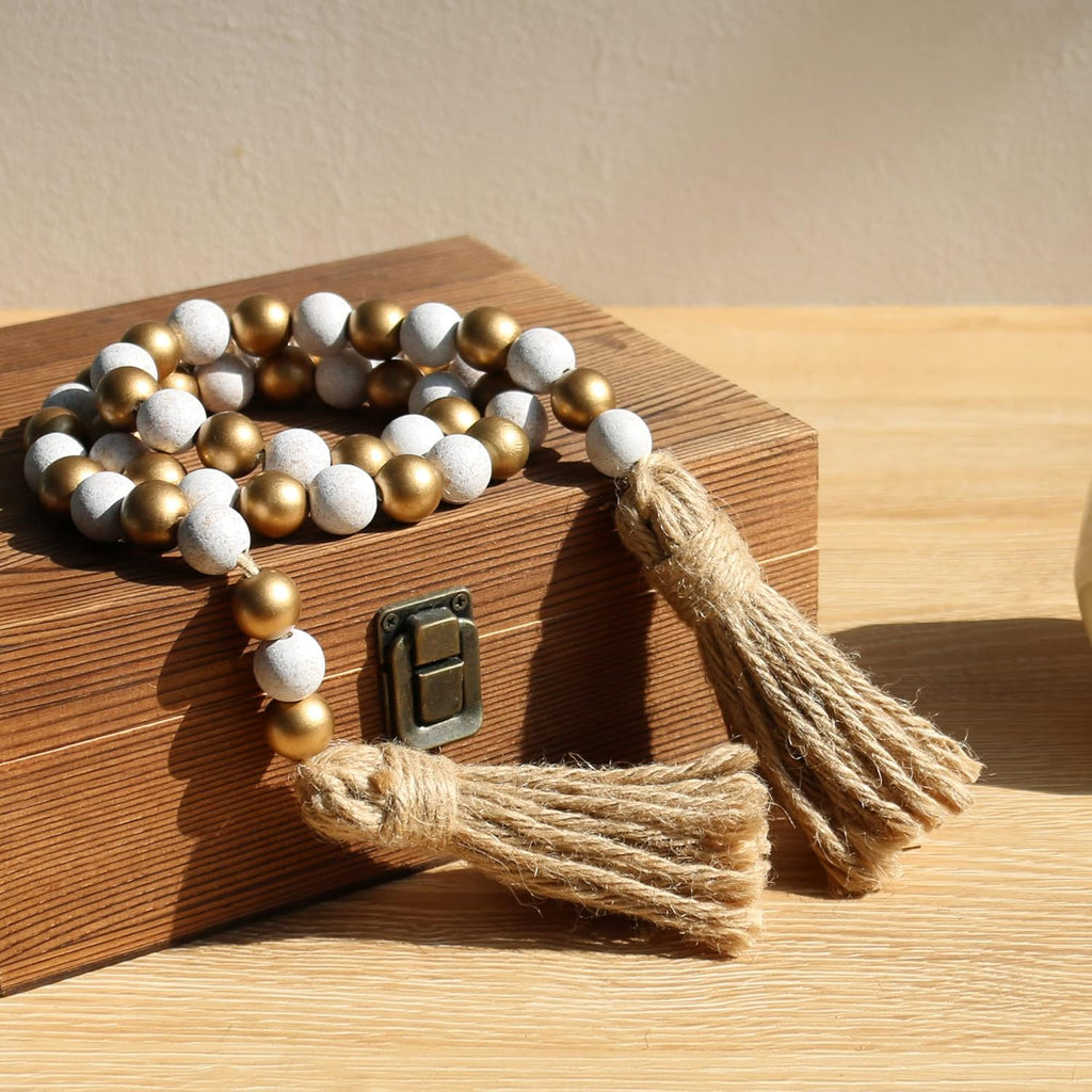 Wood Bead Garland,39in Farmhouse Beads with Tassels Boho Beads for Tiered Tray Decorative Beads Home Decor