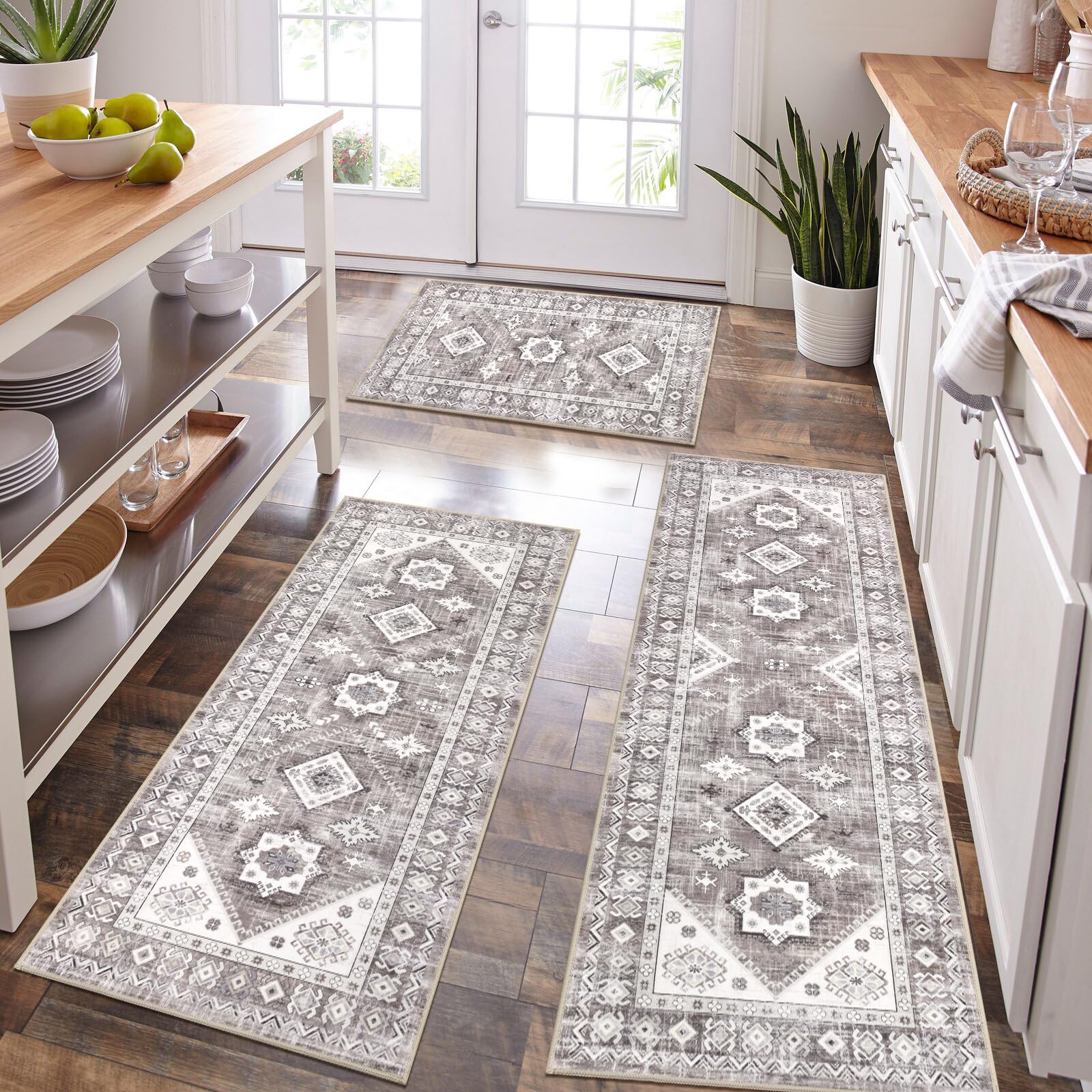 Thick Boho Kitchen Rug Sets 3 Piece with Runner Non Slip Kitchen Rugs and Mats Washable Kitchen Mats