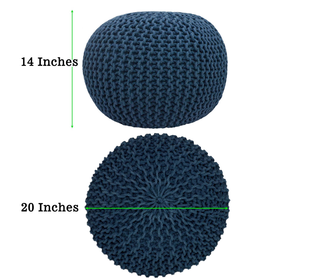 Hand-Knitted Cotton Round Pouf â€?Braid Cord Ottoman, Footrest, and Accent Seat for Living Room, Nursery, Kids Room, or Dorm Décor â€?20x14