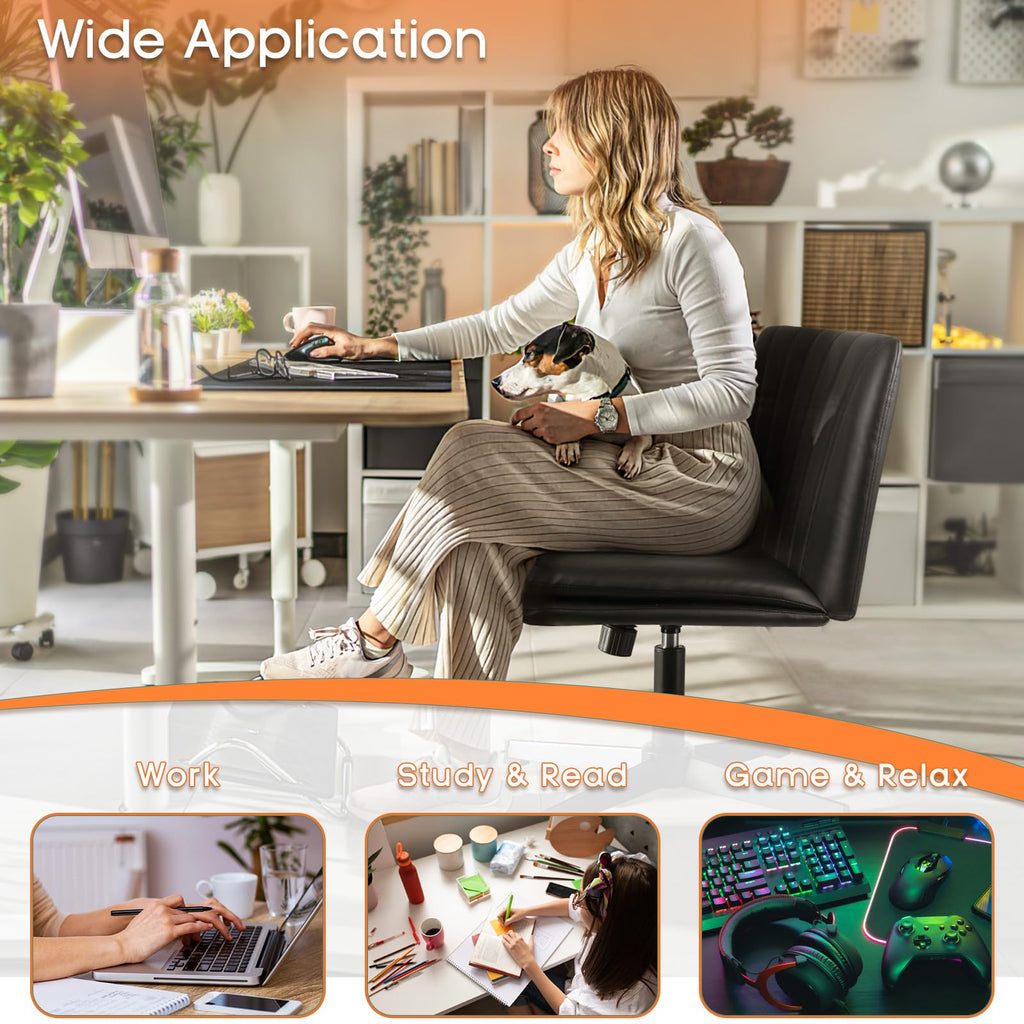 Criss Cross Chair, Armless Cross Legged Office Desk Chair No Wheels, Fabric Padded Modern Swivel Height Adjustable Mid Back Wide Seat