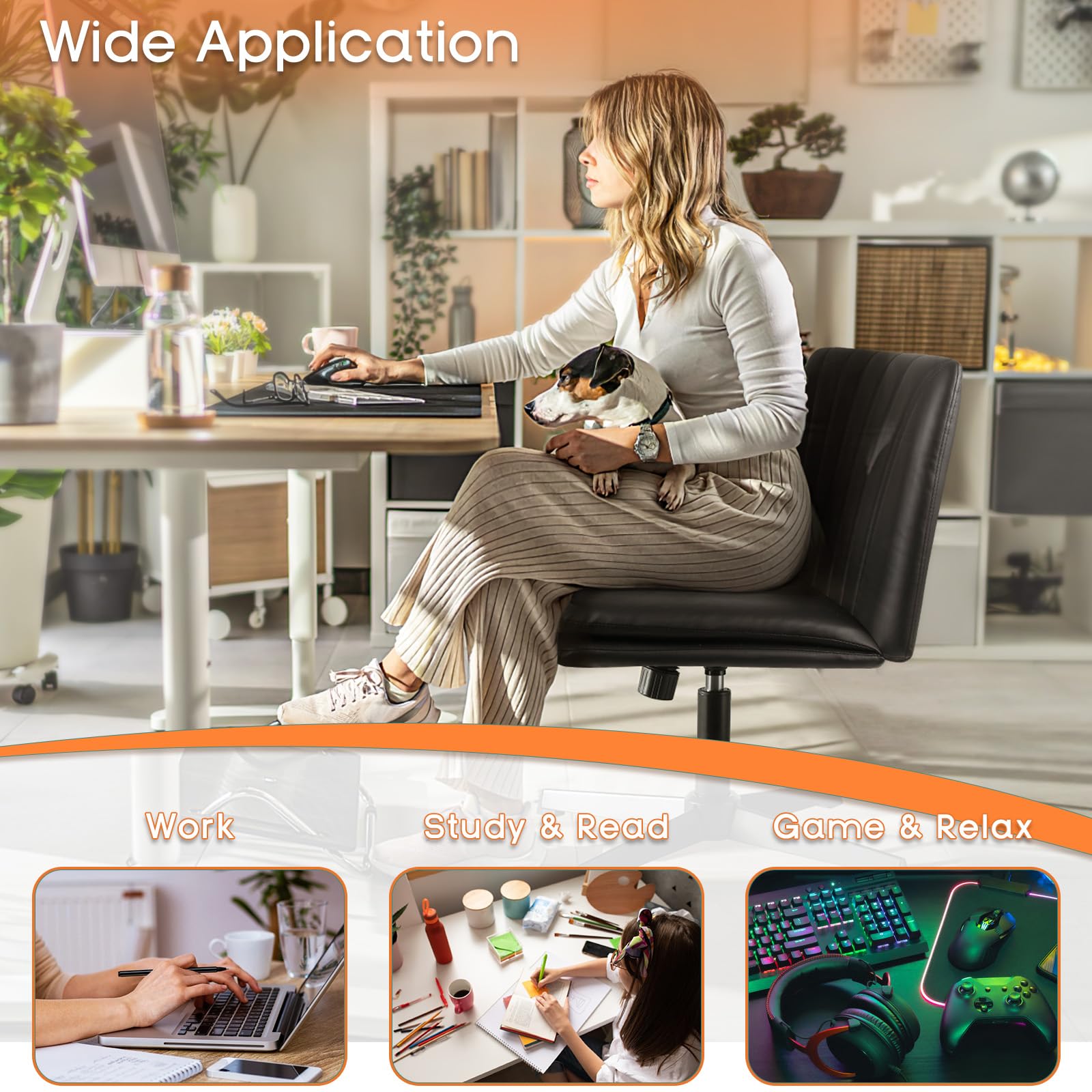 Criss Cross Chair, Armless Cross Legged Office Desk Chair No Wheels, Fabric Padded Modern Swivel Height Adjustable Mid Back Wide Seat