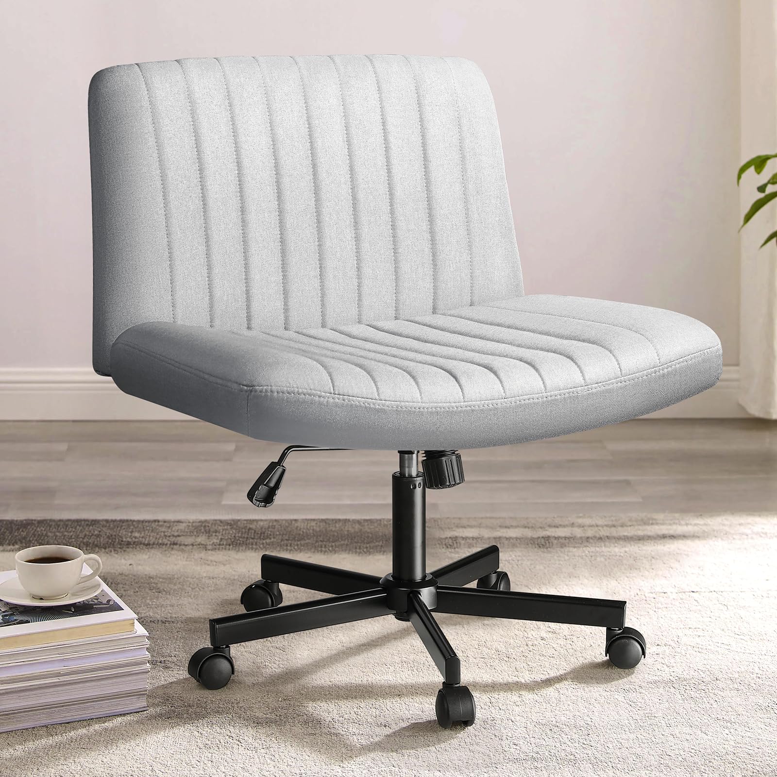 Criss Cross Chair, Armless Cross Legged Office Desk Chair No Wheels, Fabric Padded Modern Swivel Height Adjustable Mid Back Wide Seat
