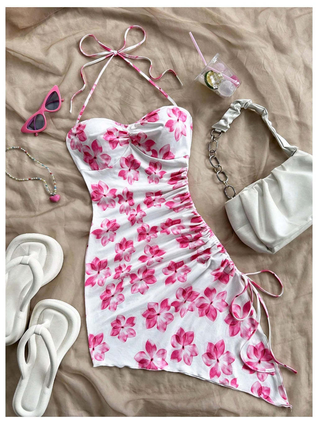 Women's Floral Print Halter Dress Sleeveless Drawstring Asymmetrical Hem Bodycon Dress