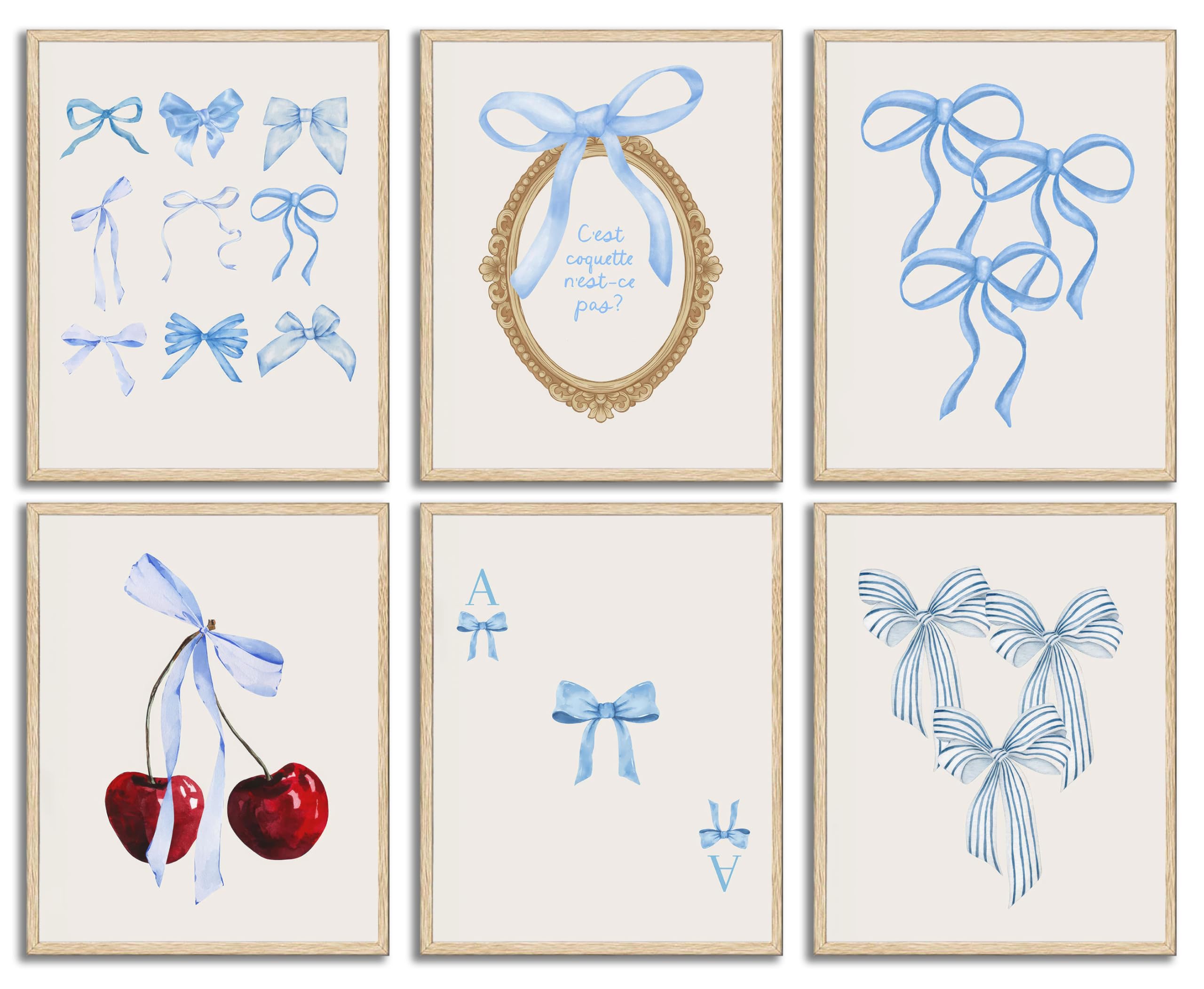 Coquette 6pcs Blue Bow Canvas Wall Art Preppy Decor Trendy Red Cherry Mirror Posters Room Decoration Unframed