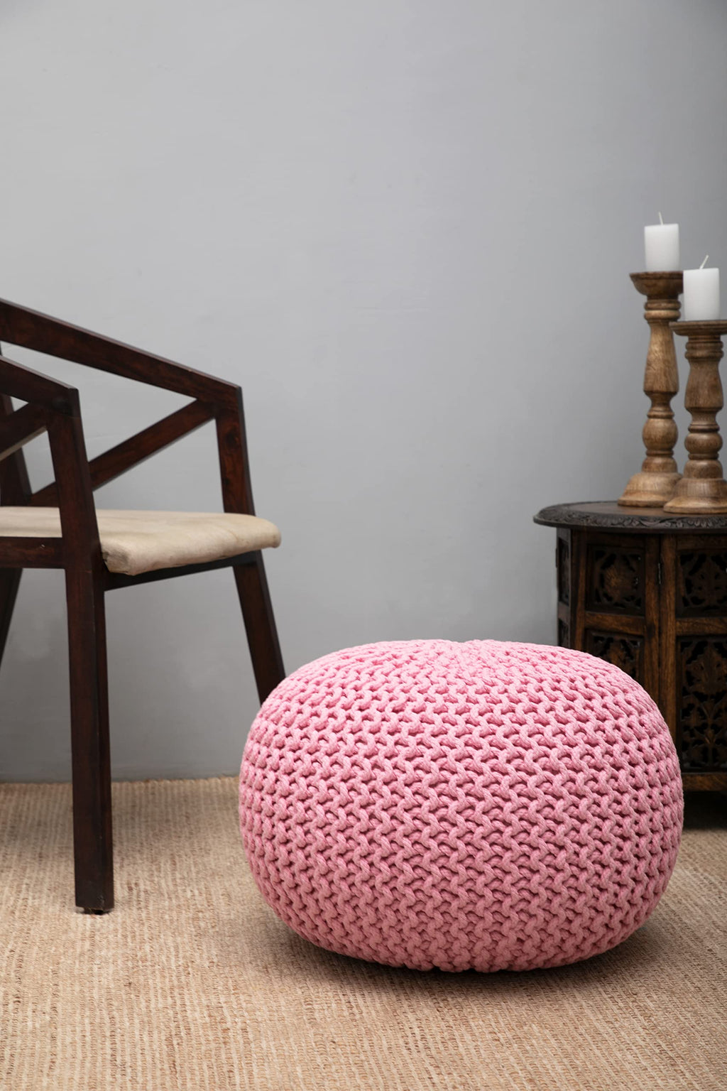 Hand-Knitted Cotton Round Pouf â€?Braid Cord Ottoman, Footrest, and Accent Seat for Living Room, Nursery, Kids Room, or Dorm Décor â€?20x14