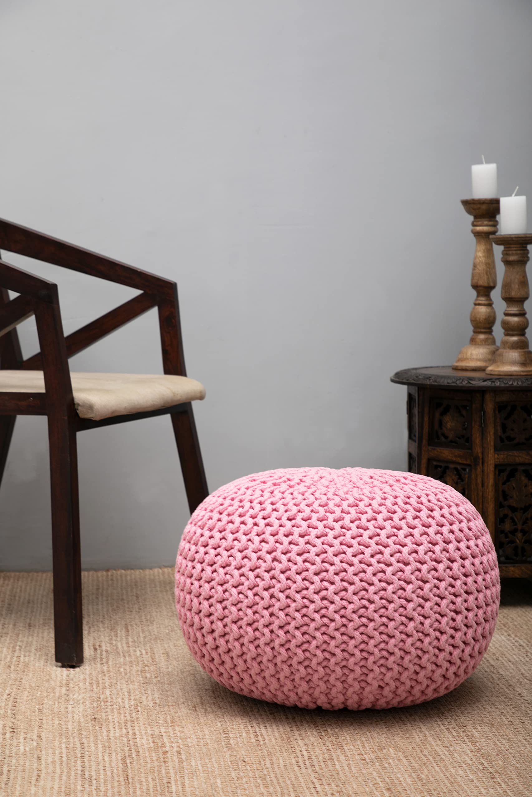 Hand-Knitted Cotton Round Pouf â€?Braid Cord Ottoman, Footrest, and Accent Seat for Living Room, Nursery, Kids Room, or Dorm Décor â€?20x14