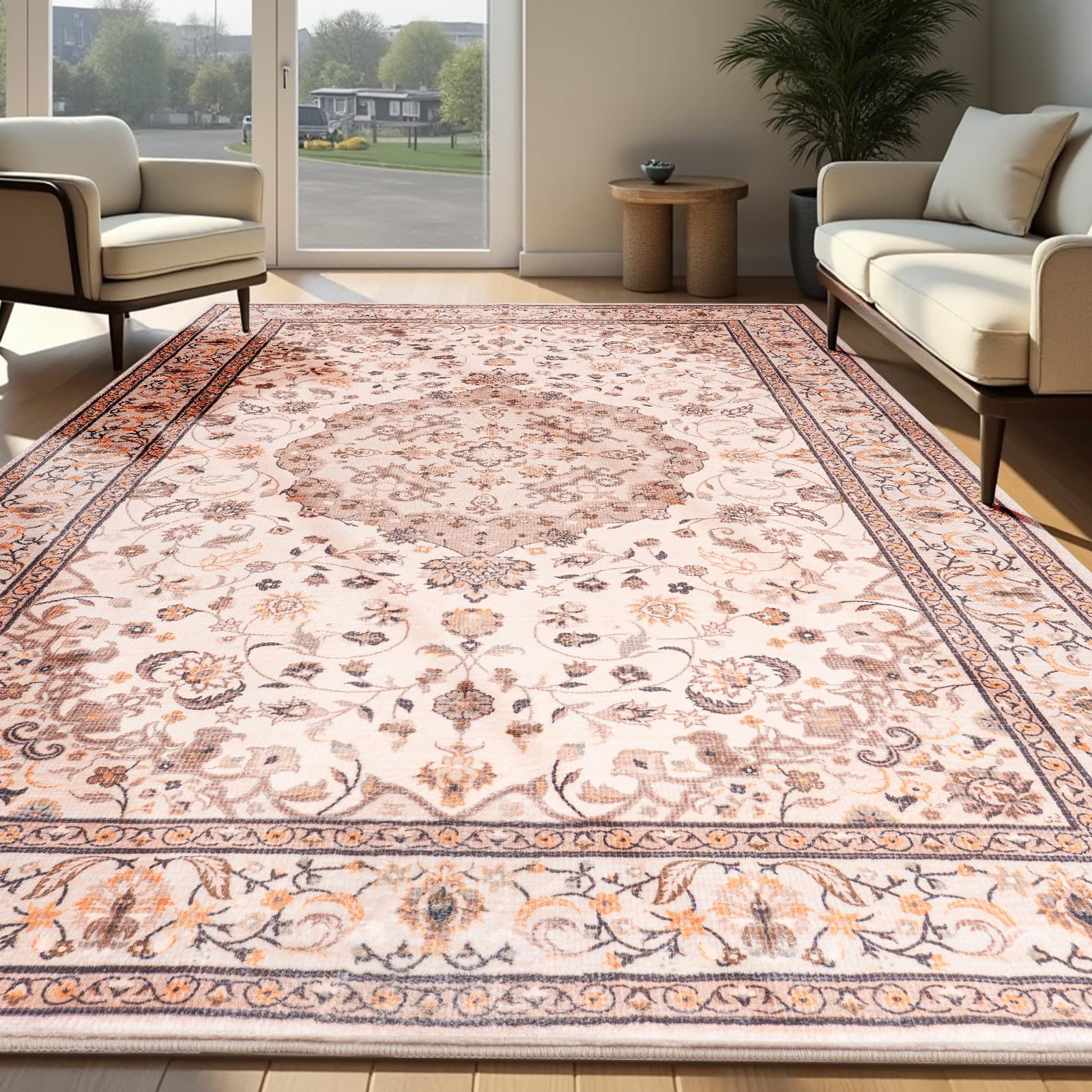 Washable Area Rugs Door Mat Entryway Vintage Floral Non-Slip Low Pile Entrance Thin Rug Carpet for Kitchen Bathroom Living Room Pink