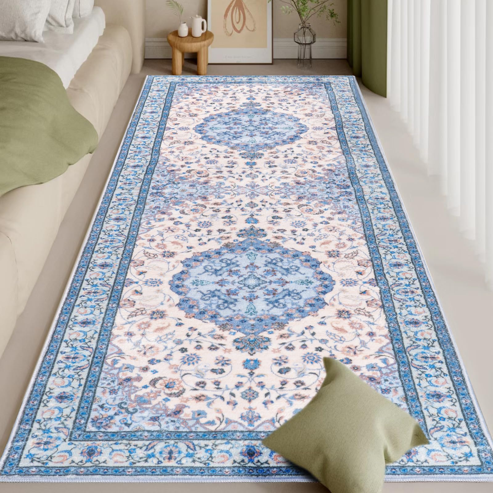 Washable Area Rugs Door Mat Entryway Vintage Floral Non-Slip Low Pile Entrance Thin Rug Carpet for Kitchen Bathroom Living Room Pink