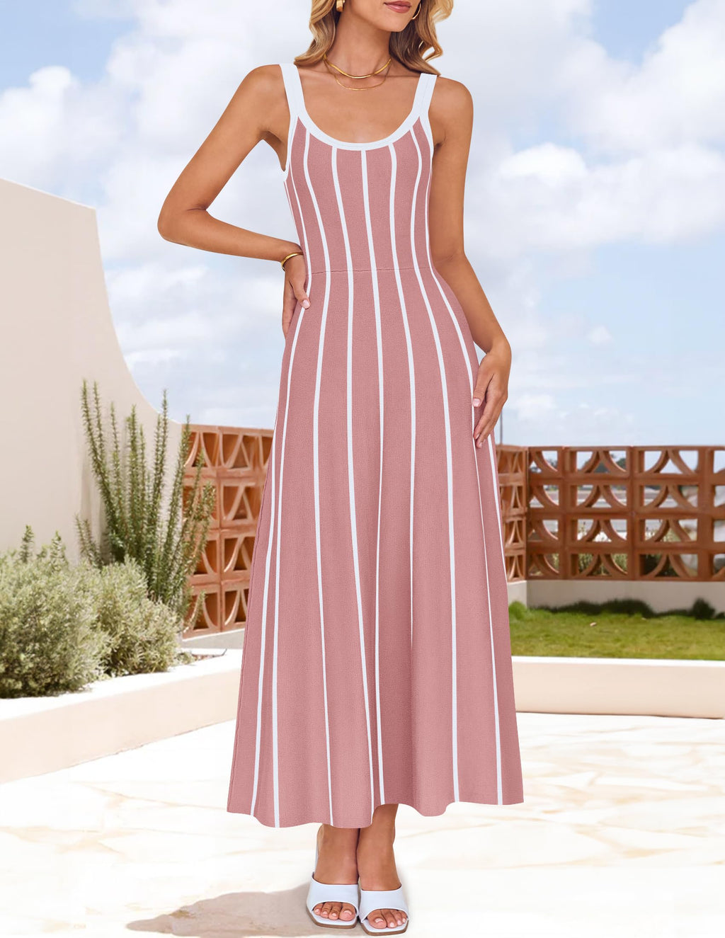 Wome's Summer Sleeveless Striped Midi Dress 2025 Knit Casual Elegant A Line Swing Long Dresses