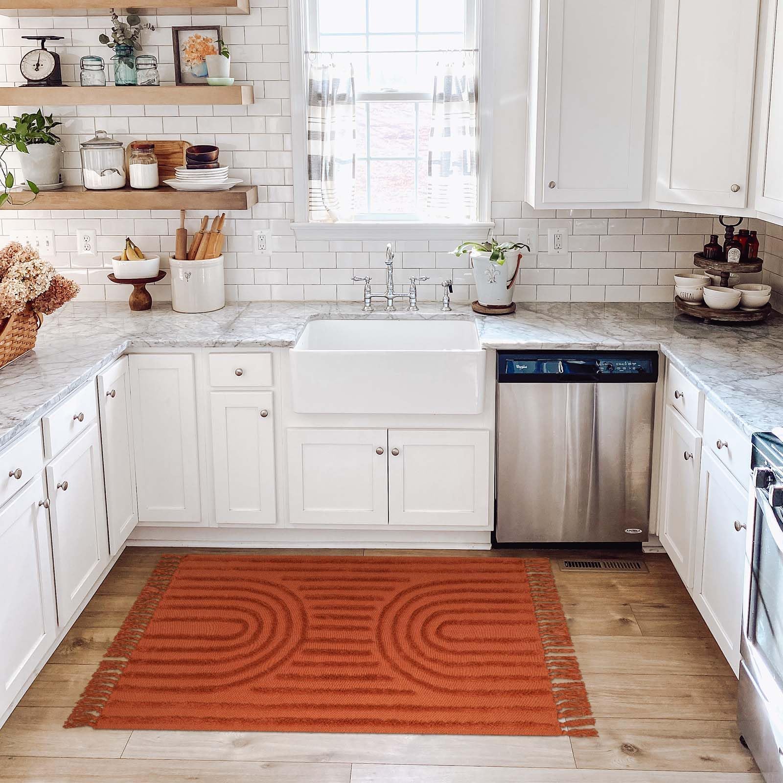 Washable Kitchen Runner Rug - Hand-Woven Bathroom Runner Rug with Tassels, Terracotta Entryway Runner Rug, Tufted Rainbow Bedroom Rug Runner, Hallway Rug for Laundry/Living Room