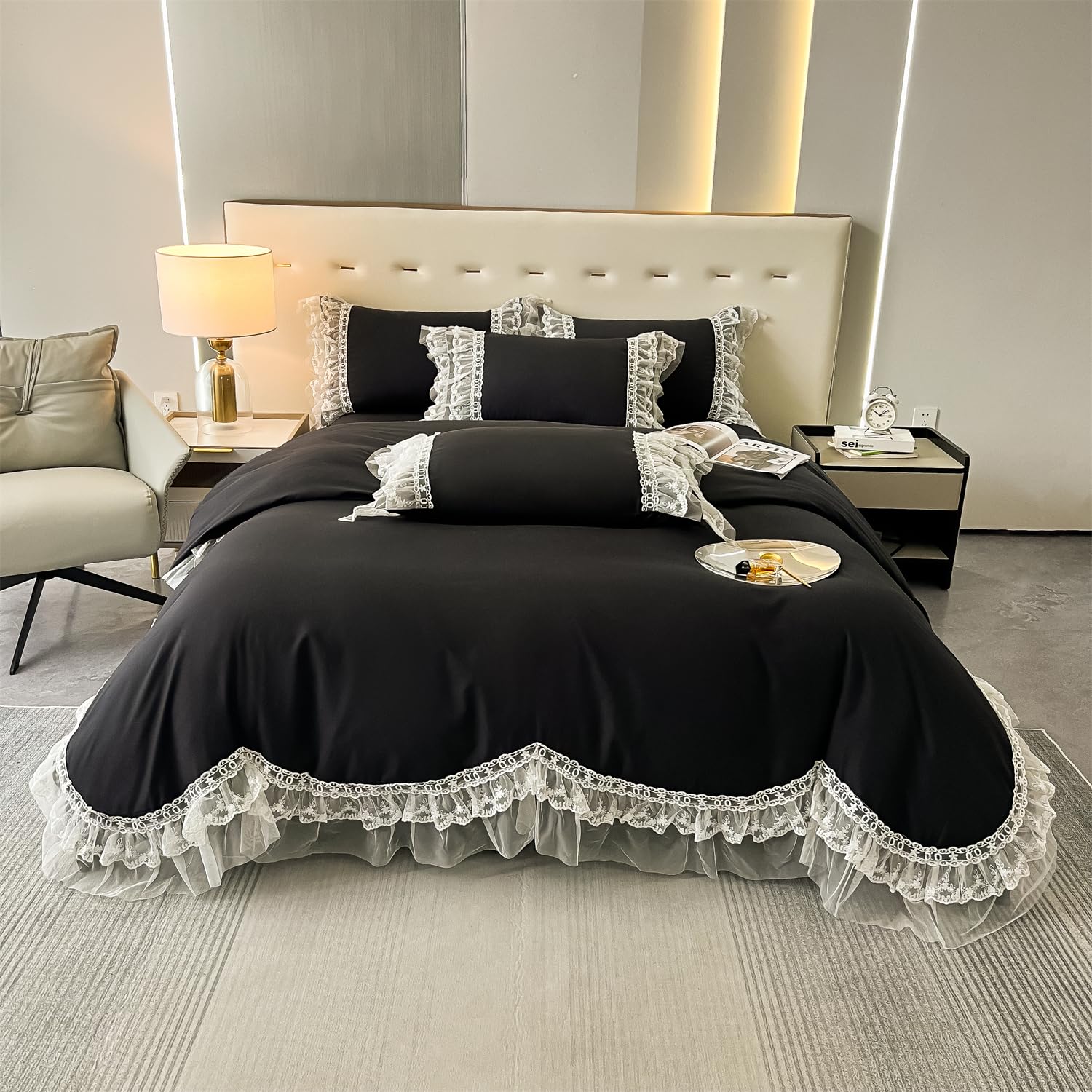 Chic Ruffle Lace Polyester Duvet Cover Set -Bedding-2 Piece Duvet Cover with Zipper Closure -Ultra Soft and Light Weight