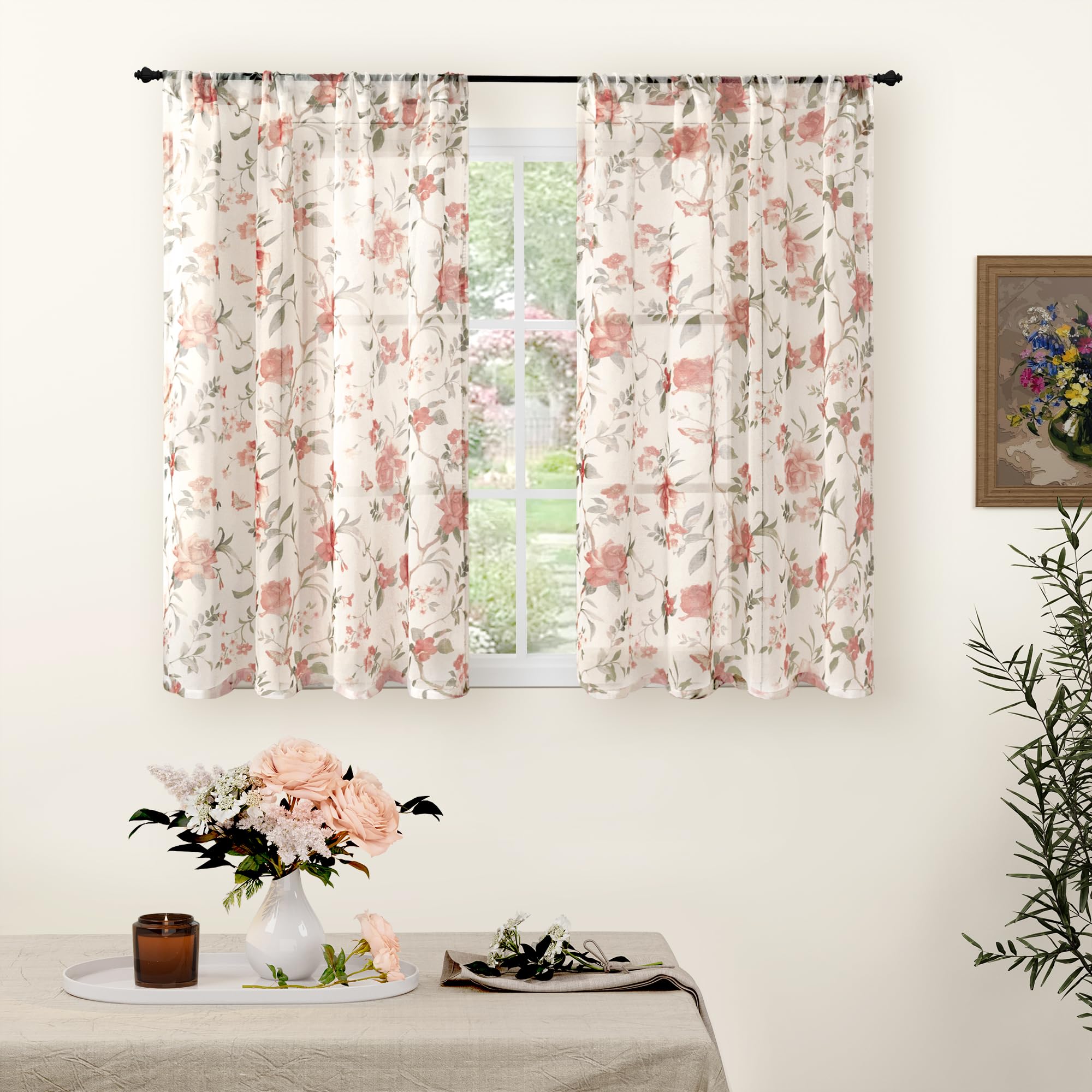 Floral Sheer Curtains, Vintage Light Filtering Semi-Sheer Linen Curtains