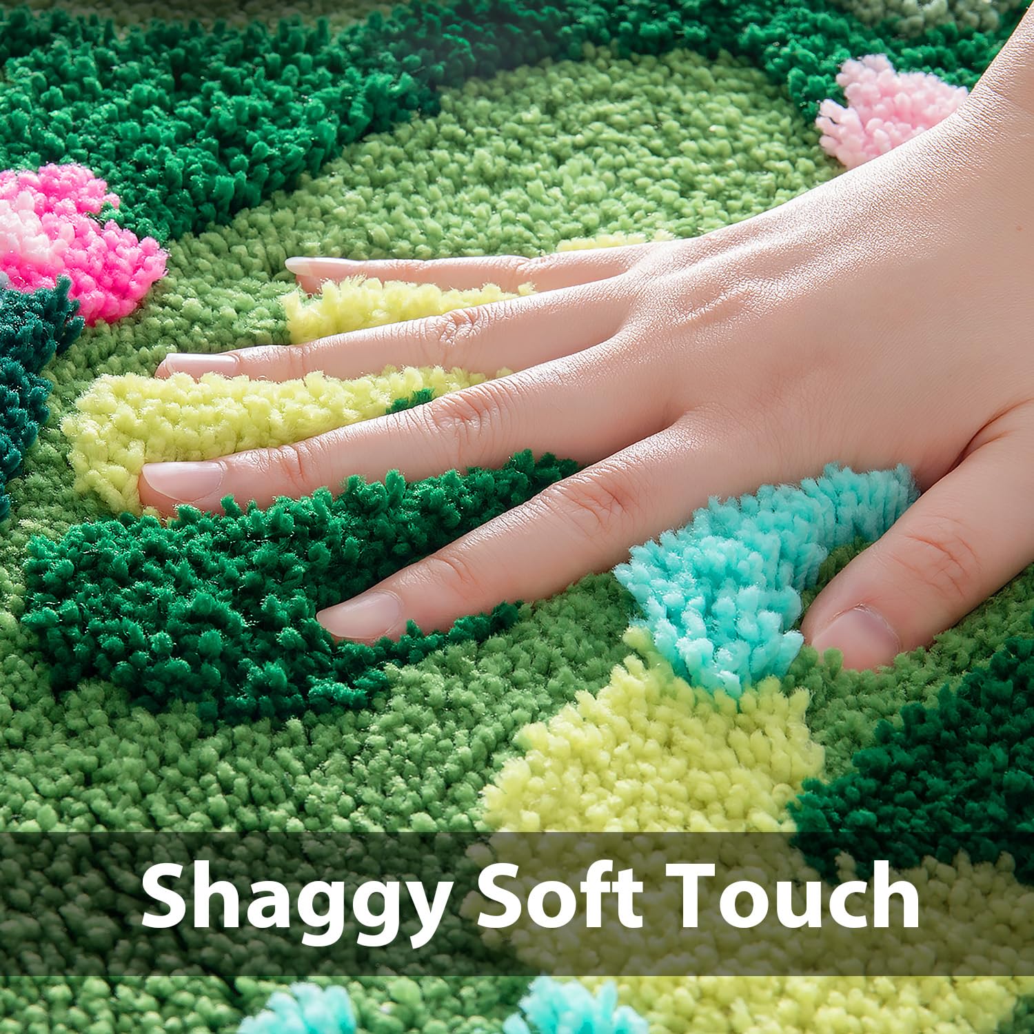 Green Moss Bathroom Rugs Bath Mat Non Slip, Ultra Soft Absorbent Aesthetic Decor Shaggy Tufted Flower Long Bath Rugs