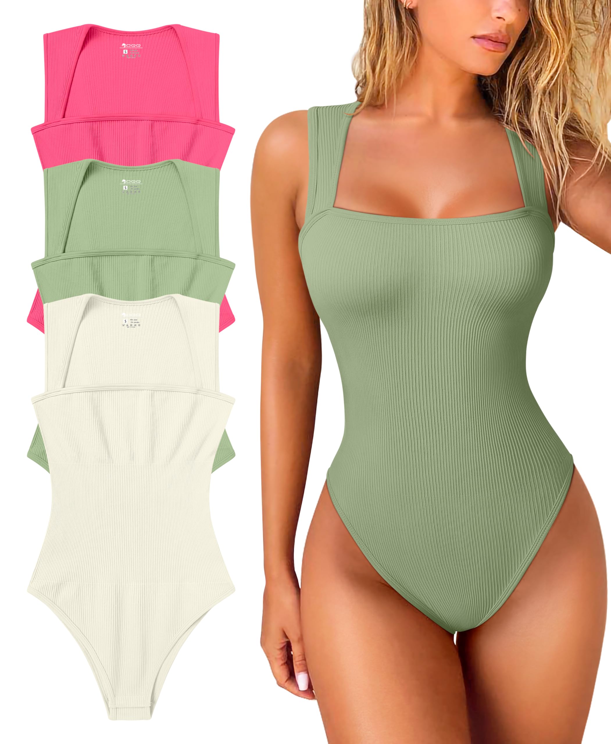 Women's 3 Piece Bodysuits Sexy Ribbed Strappy Square Neck Sleeveless Tummy Control Tank Tops Bodysuits