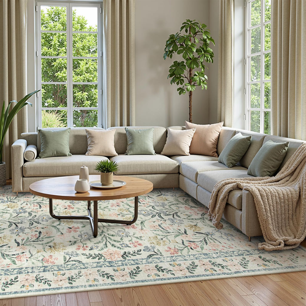 Machine Washable Boho Soft Floral Carpet Non Slip, Indoor Ultra-Thin Floor Carpet for Kid Room Living Room Dorm