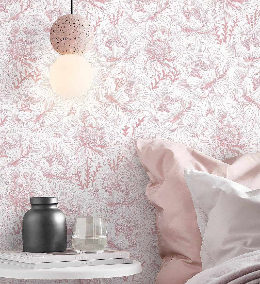 Floral Peel and Stick Wallpaper Boho Contact Paper Pink and White Self Adhesive Removable Wallpaper