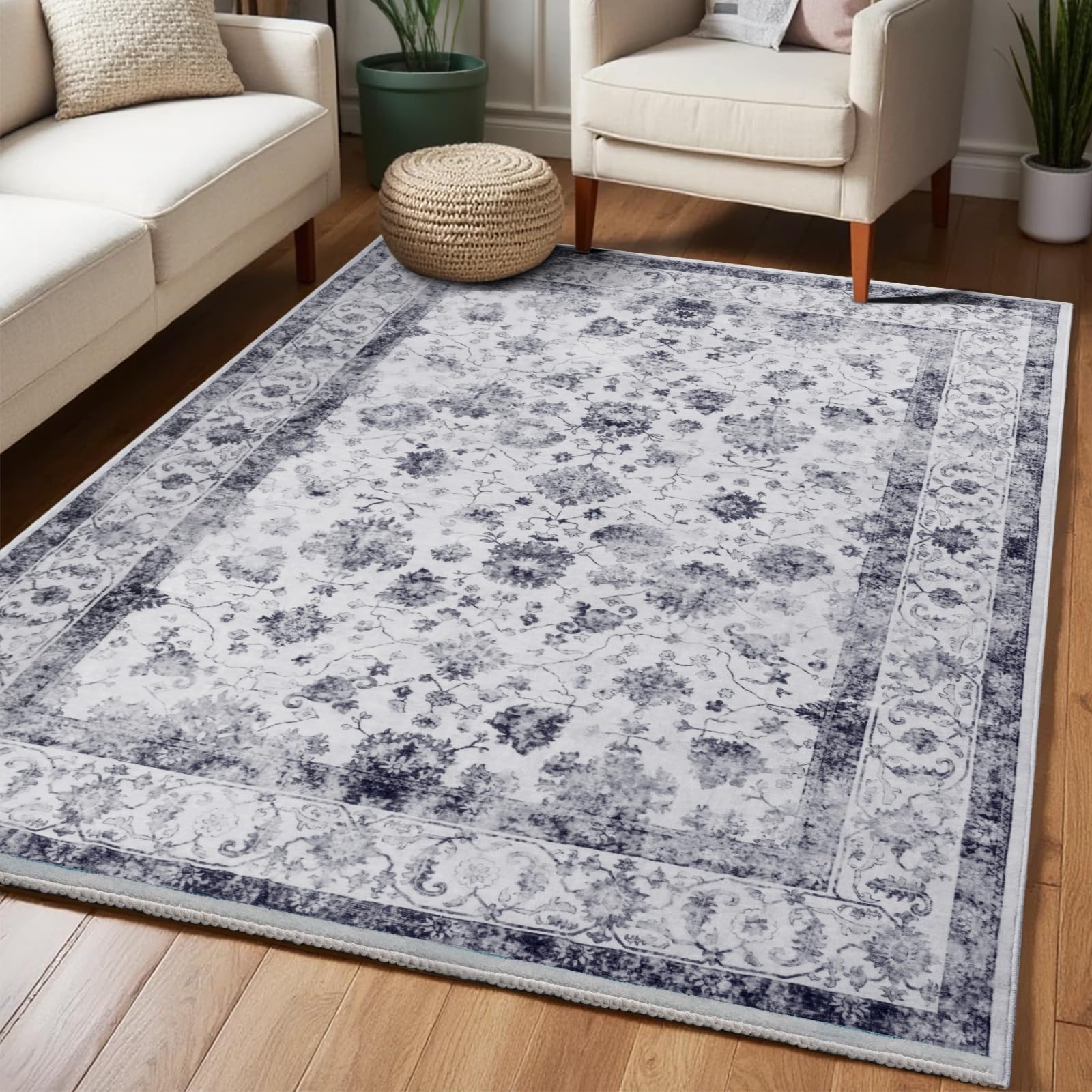 Washable Area Rugs Door Mat Entryway Vintage Floral Non-Slip Low Pile Entrance Thin Rug Carpet for Kitchen Bathroom Living Room Pink