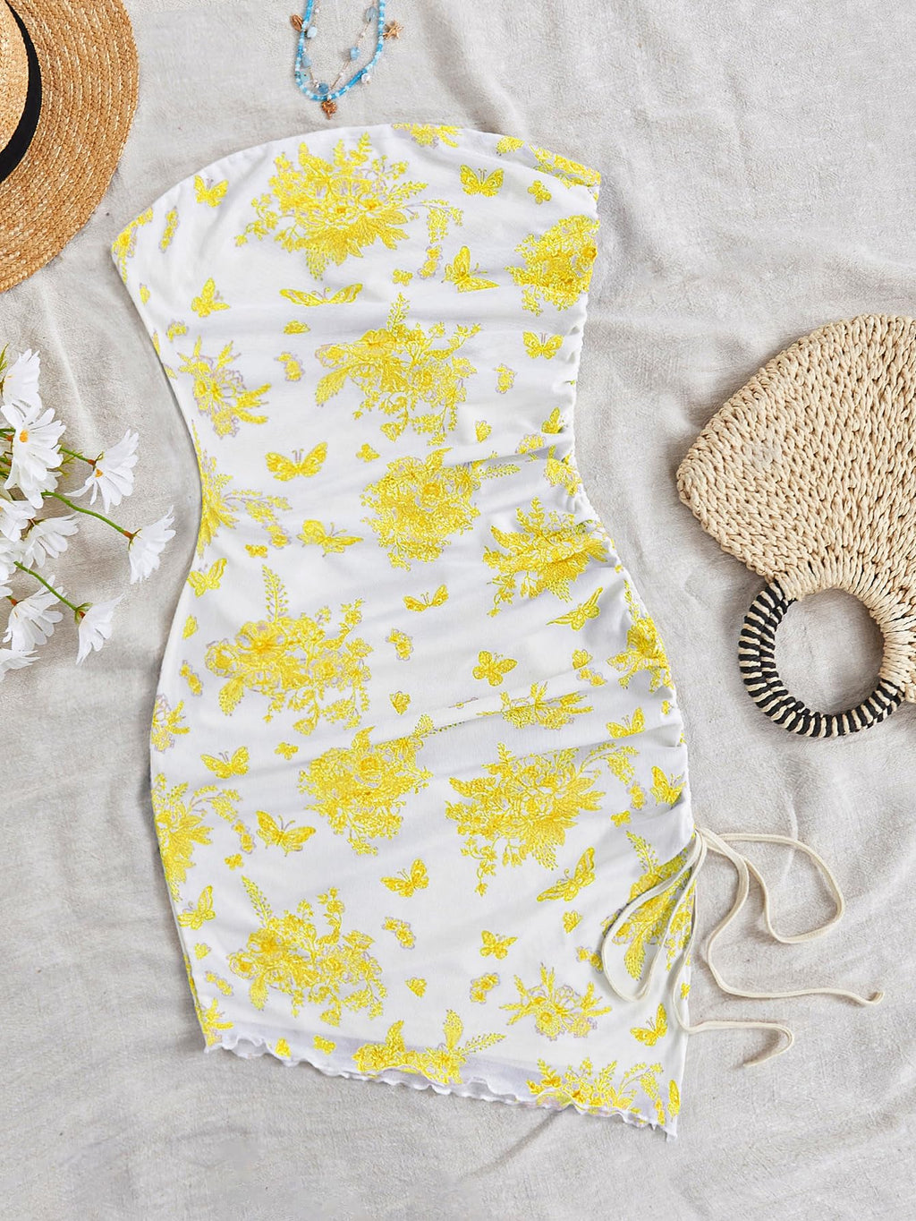 Women's Floral Print Tube Dress Ruched Drawstring Slit Hem Mini Dresses