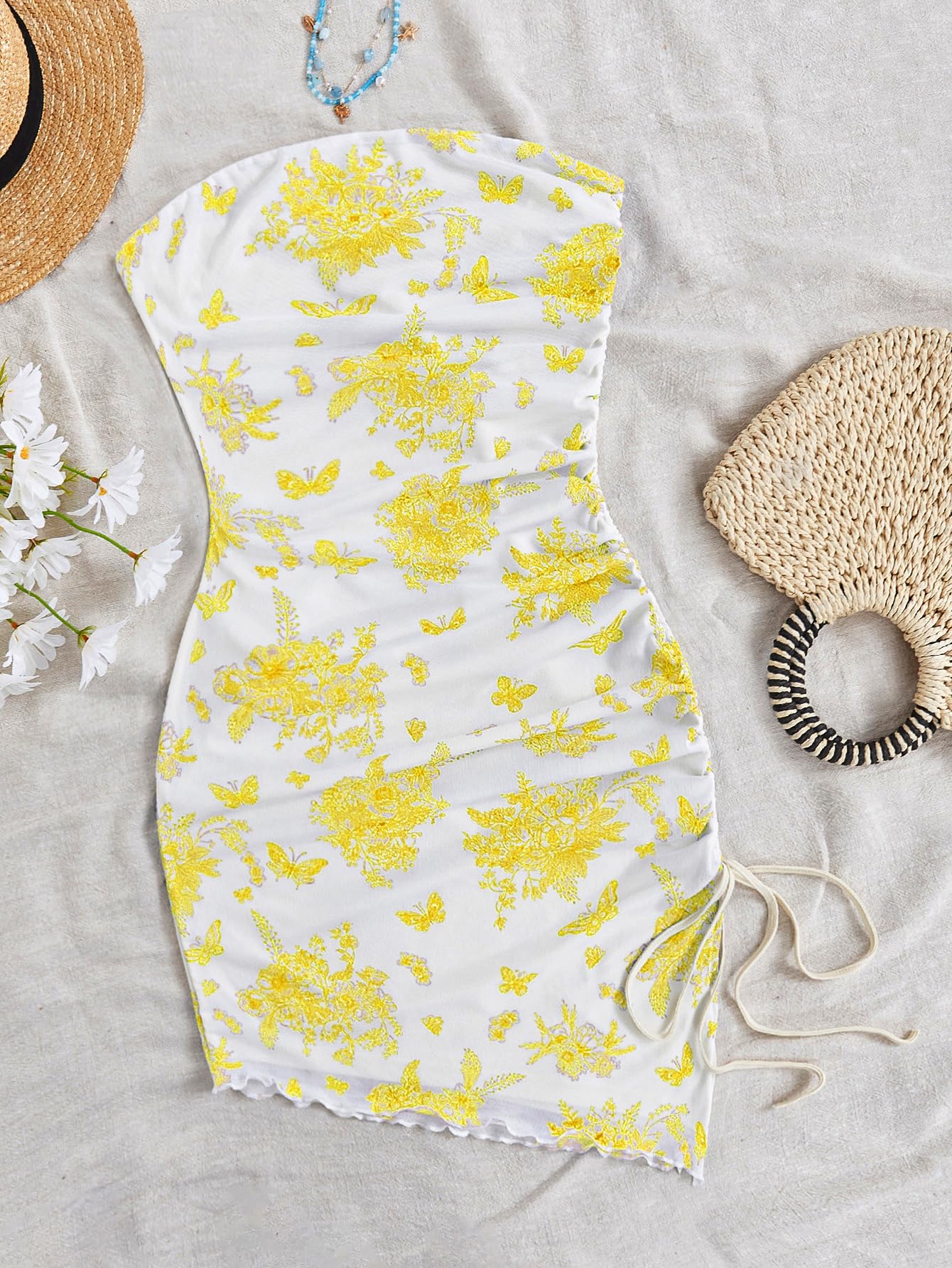 Women's Floral Print Tube Dress Ruched Drawstring Slit Hem Mini Dresses