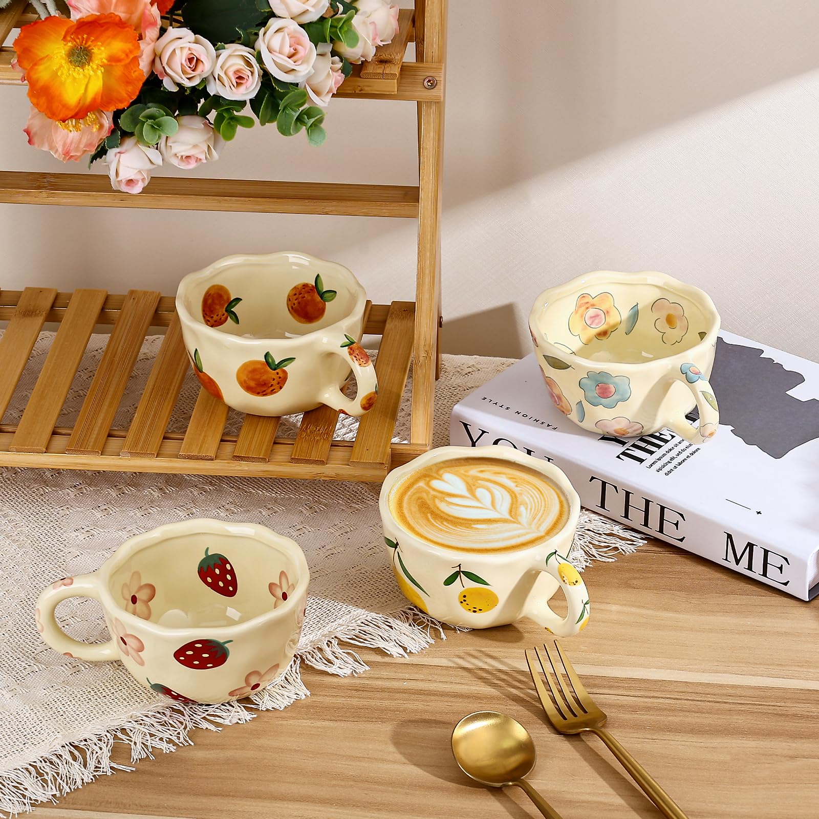 Ceramic Coffee Mug, Cute Floral Fruit Cup, Couple Mugs 8.5 oz/250 ml