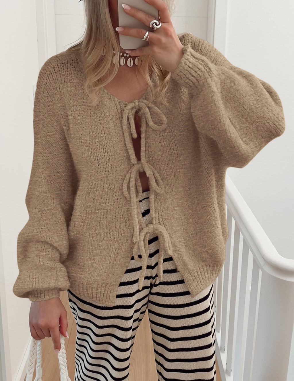 Women's Tie Front Bow Cardigan Sweaters Chunky Knit Long Puff Sleeve