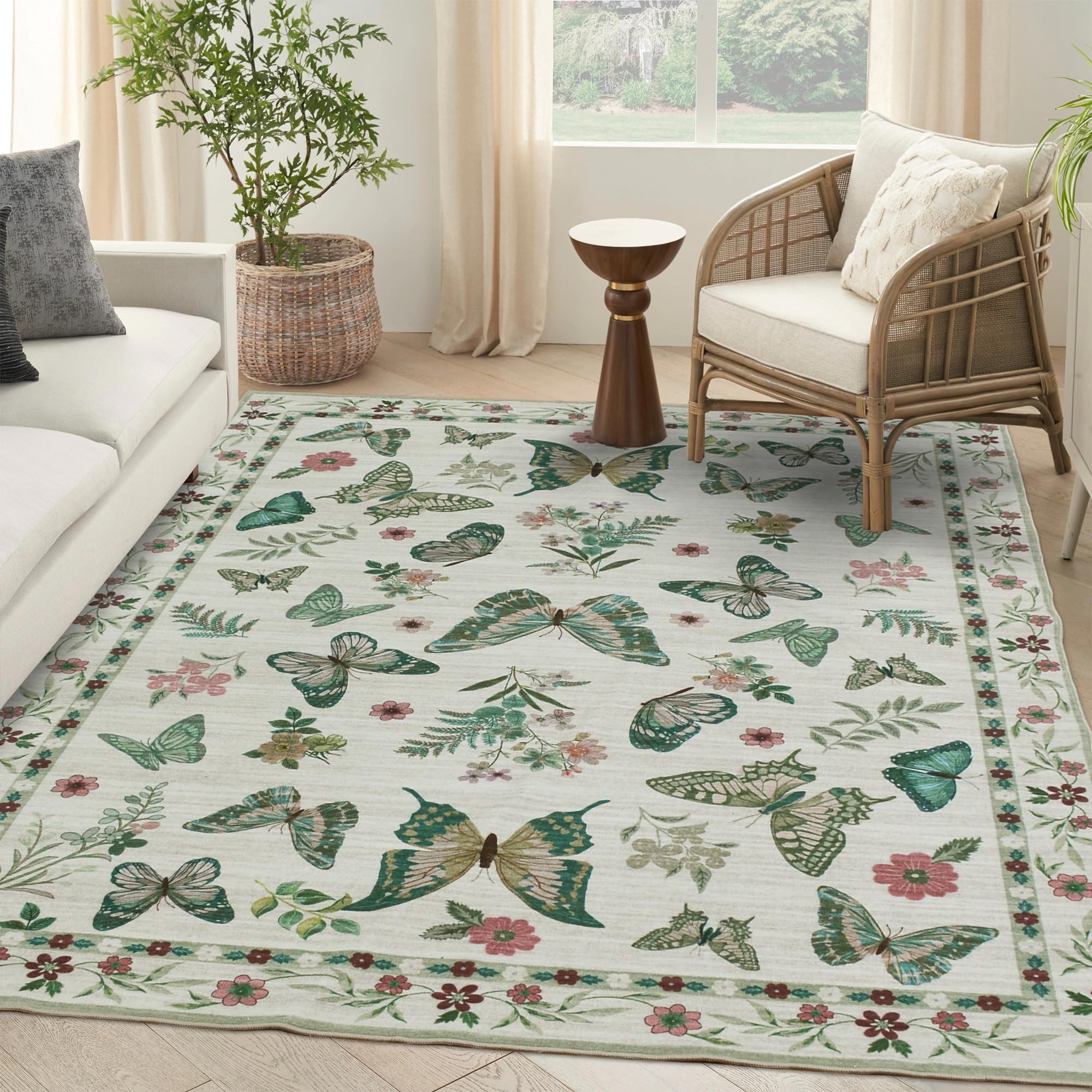 Insect Floral Area Rug, Machine Washable Area Rug Non-Slip Low Pile Large Bedroom Rug Stain Resistant Throw Rug Carpet