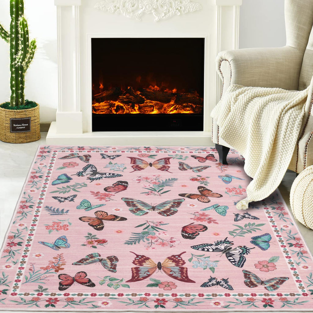 Insect Floral Area Rug, Machine Washable Area Rug Non-Slip Low Pile Large Bedroom Rug Stain Resistant Throw Rug Carpet