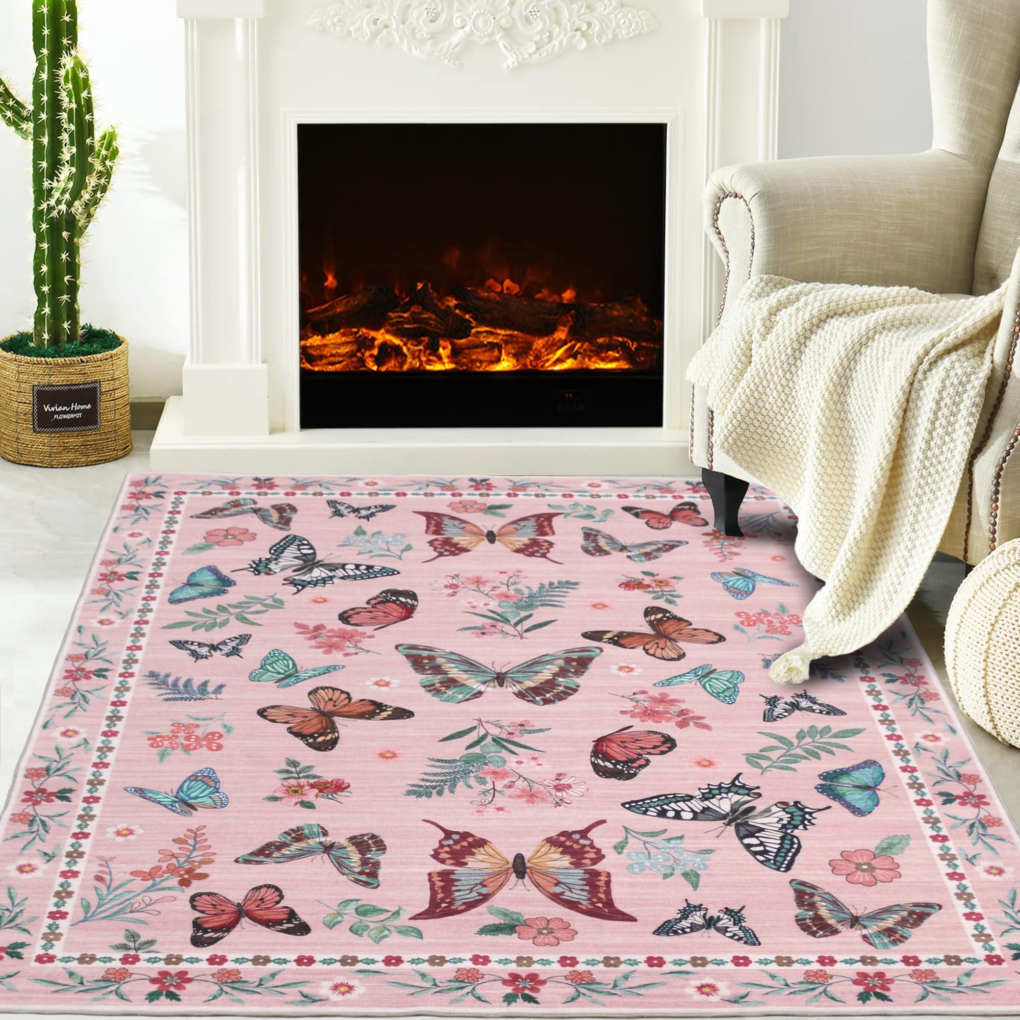 Insect Floral Area Rug, Machine Washable Area Rug Non-Slip Low Pile Large Bedroom Rug Stain Resistant Throw Rug Carpet