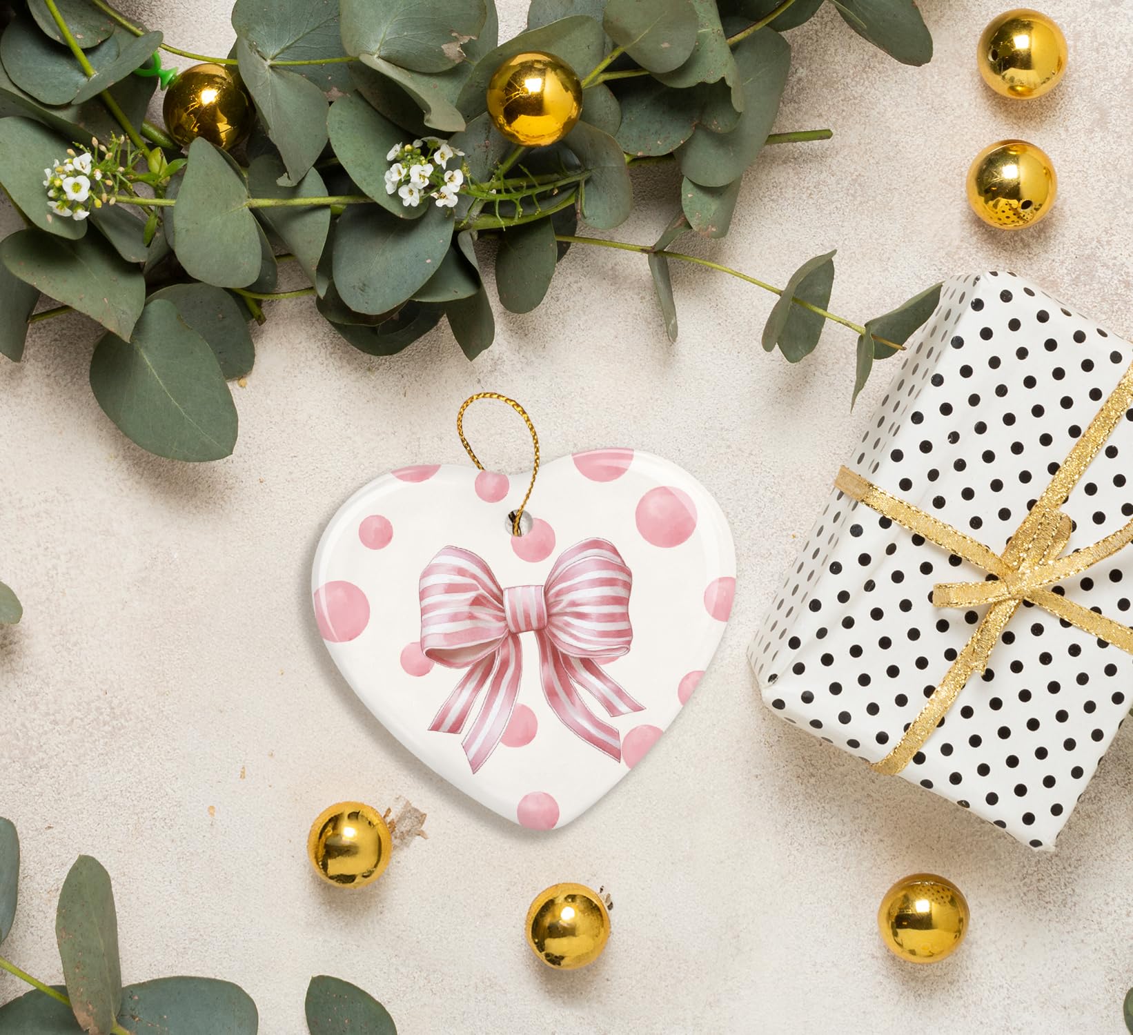 Coquette Trendy Pink Bow Ornament, Keepsake Sign for Decoration, Ceramic Heart