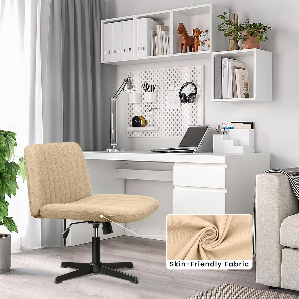 Criss Cross Chair, Armless Cross Legged Office Desk Chair No Wheels, Fabric Padded Modern Swivel Height Adjustable Mid Back Wide Seat