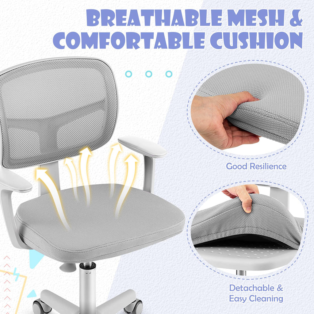Swivel Adjustable Mesh Study Chair with Wheels & Arms, Ergonomic Computer Task Chair with Lumbar Support
