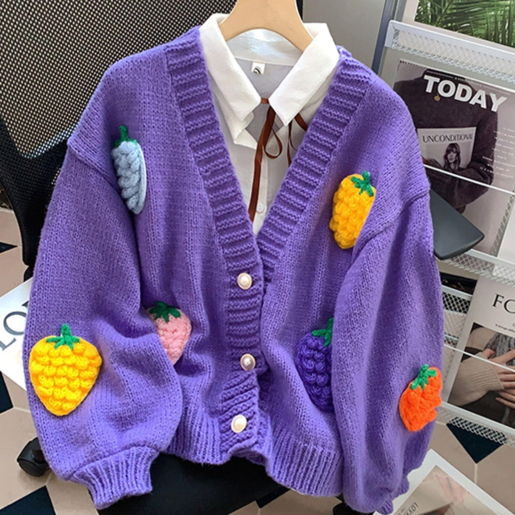 Women's Kawaii Strawberry Embroidered Cardigan Long Sleeve V Neck Chunky Knitted Cardigans