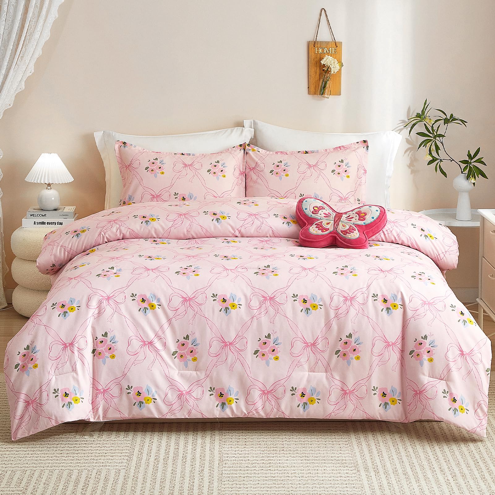 Pink Bow Comforter Set Comforter Set for Girls, 2 Pieces Bed in a Bag Cartoon Bow Tie Pattern, Floral Bedding Set