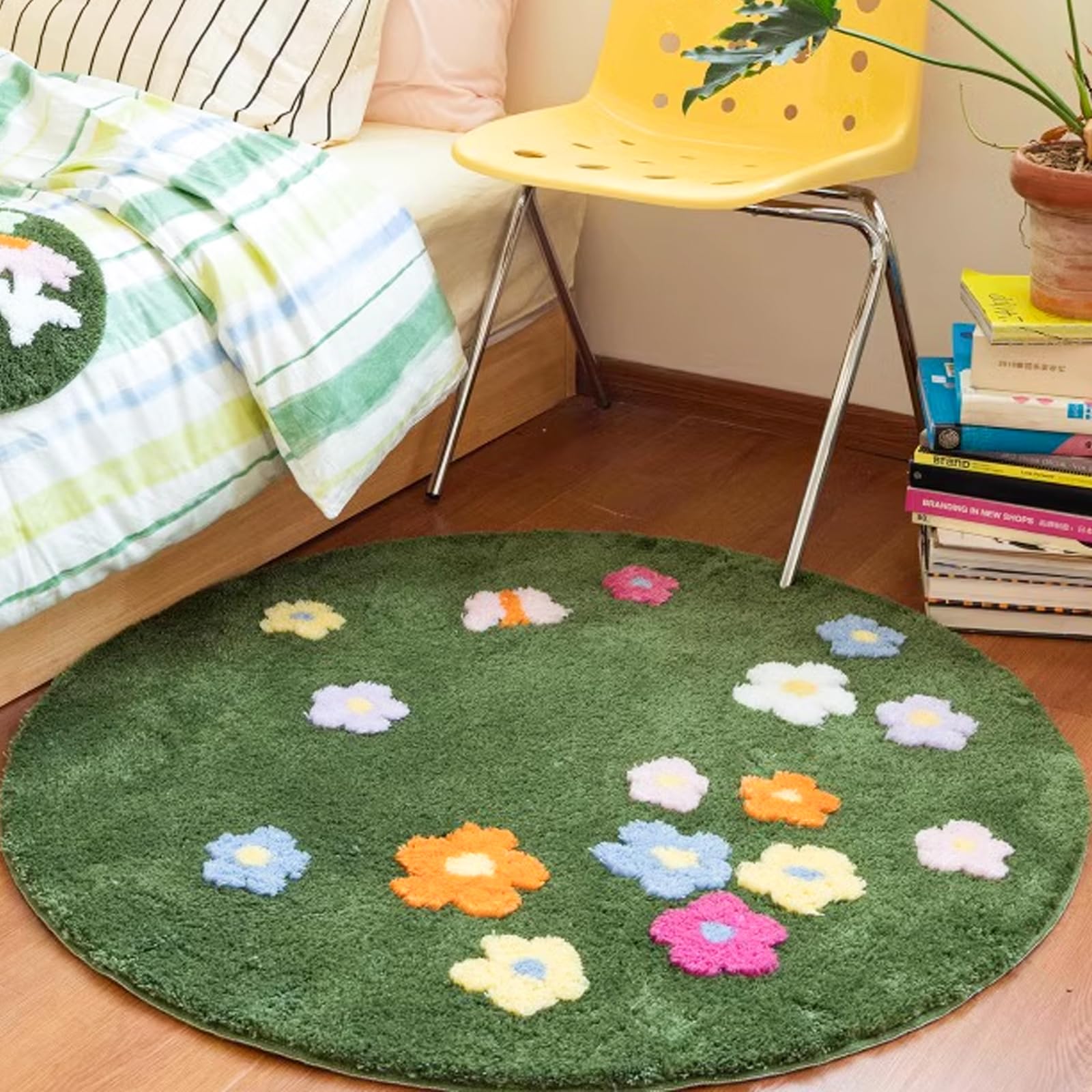 Moss Green Toilet Rugs, Luxury Tufted Extra Thick U-Shaped Toilet Rug,Cute Flower Green Moss Bath Mat Non Slip - Washable Water Absorbent Shag Bathroom Rugs for Bath