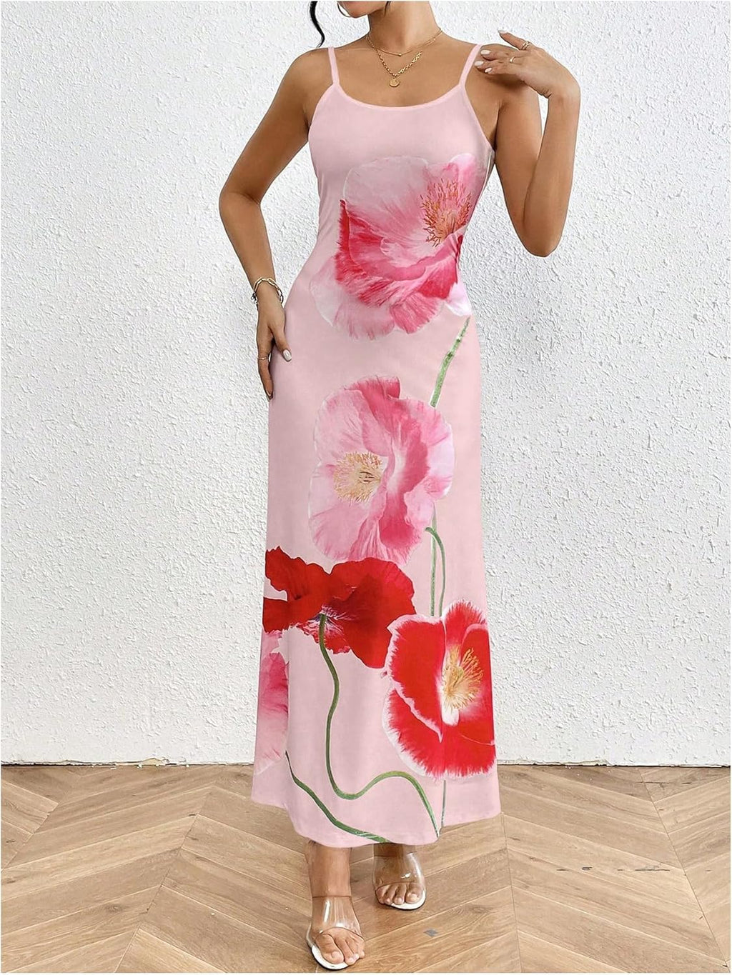 Women's Floral Print Backless Maxi Dress Scoop Neck Sleeveless Spaghetti Strap Dresses