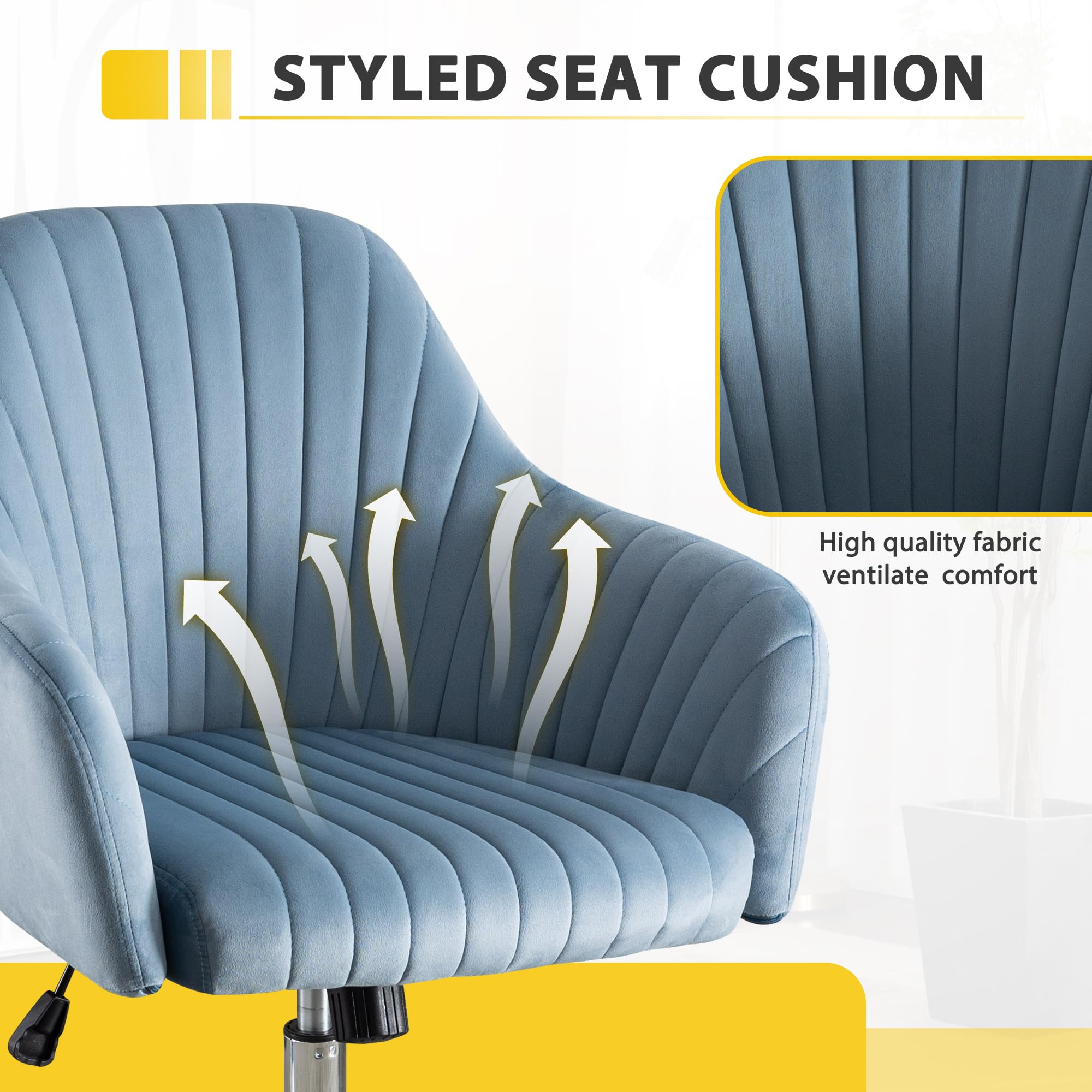 Modern Vanity Velvet Adjustable Low Back Rolling Chair, Twill Upholstered Cute Chair with Wheels