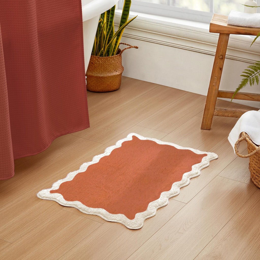 Wavy Bath Mat with Scalloped Ripple Design, Microfiber Absorbent Non Slip Tufted Rug