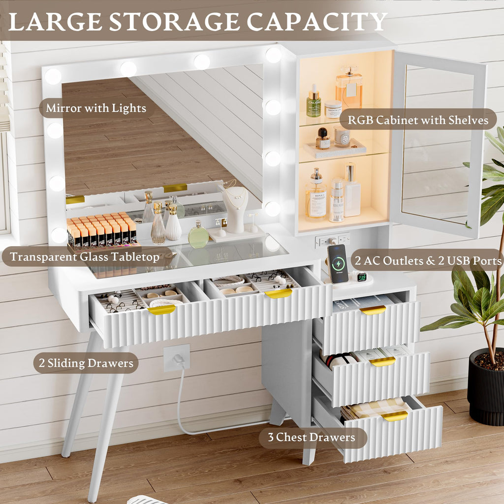 Fluted Vanity Desk with Mirror and Lights, 45" Glass Top Makeup Table Set with 5 Drawers, Power Outlet & Storage Cabinet, Large Dressing Table with RGB Ambient Light
