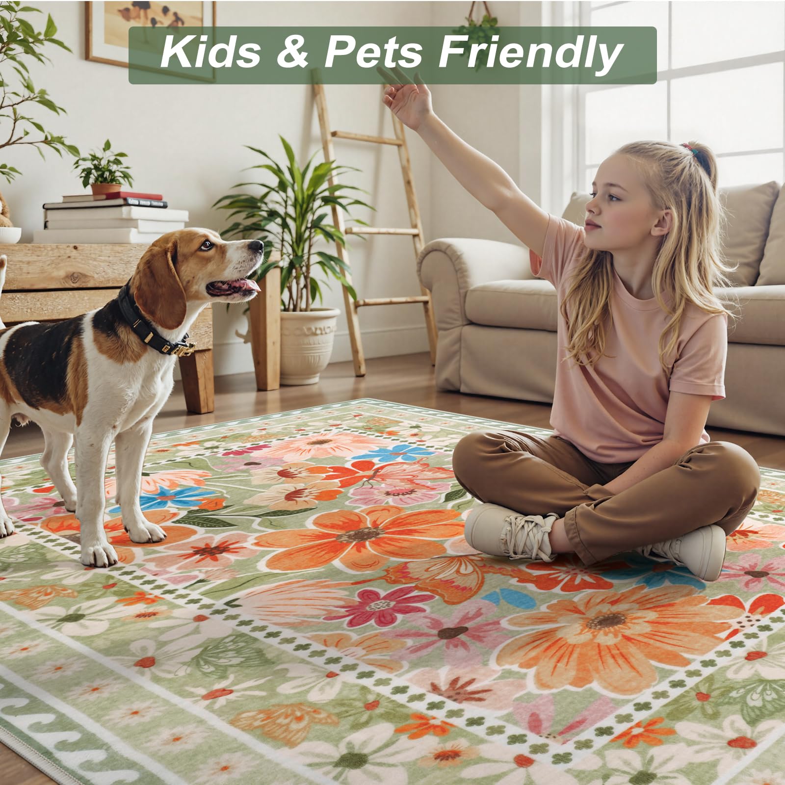 Floral Hallway Runner Rug, Runner Rugs Non Skid Washable, Low Pile Soft Boho Rugs