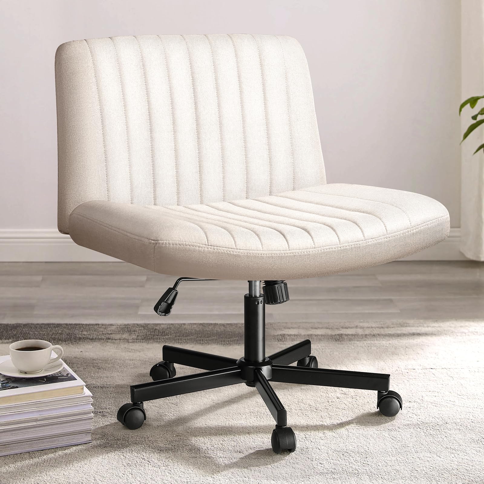 Criss Cross Chair, Armless Cross Legged Office Desk Chair No Wheels, Fabric Padded Modern Swivel Height Adjustable Mid Back Wide Seat