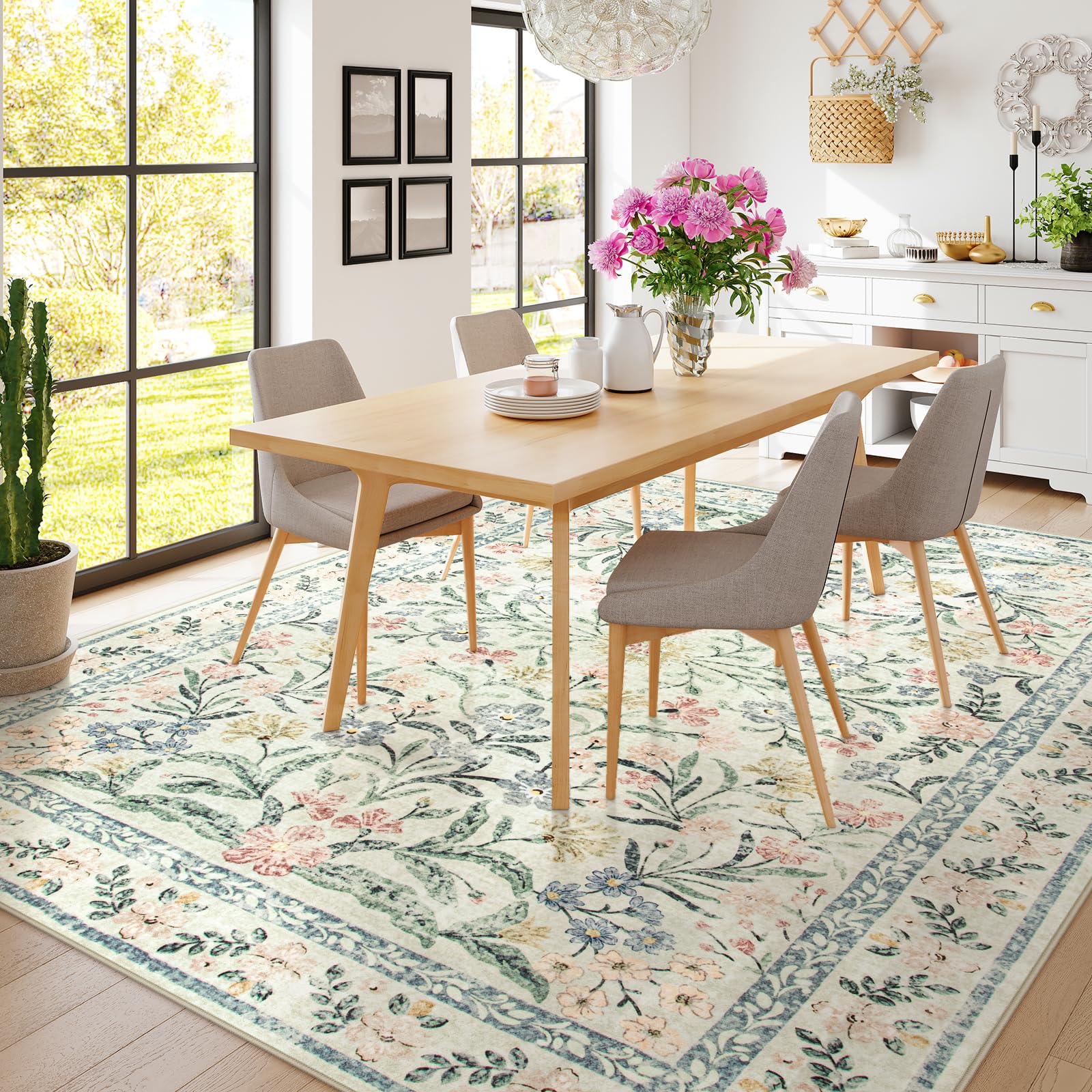 Machine Washable Boho Soft Floral Carpet Non Slip, Indoor Ultra-Thin Floor Carpet for Kid Room Living Room Dorm